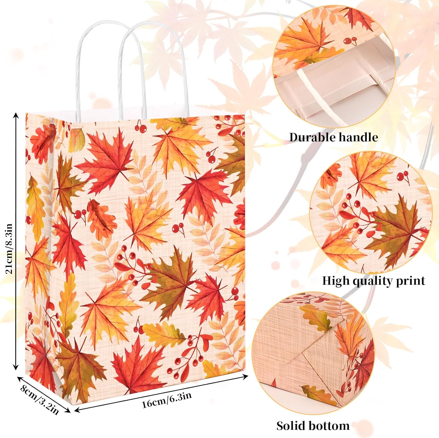 16 bolsas de fiesta de hojas de otoño, bolsas de regalo de otoño, bolsas de papel, elementos de diseño, bolsas de regalo con asas para fiestas de