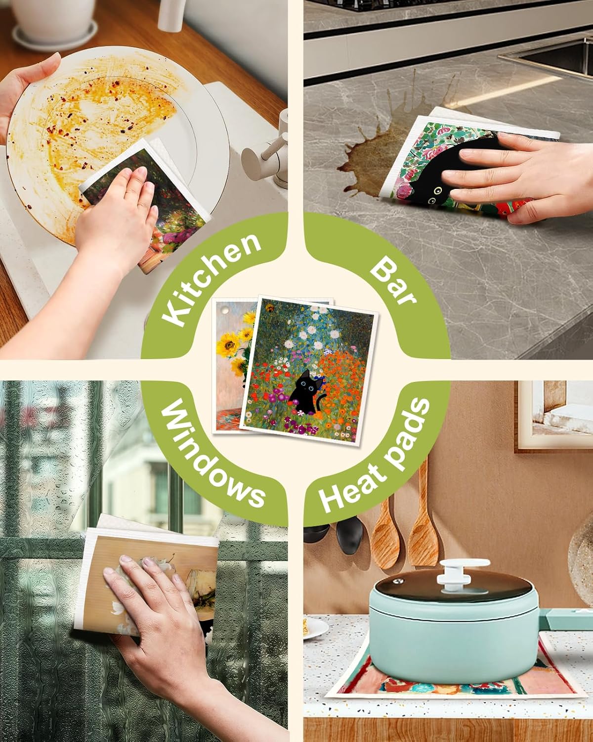 Paños de cocina suecos reutilizables para lavar platos, absorbentes, de secado rápido, esponja sueca, bonito patrón para decorar, paquete de 6