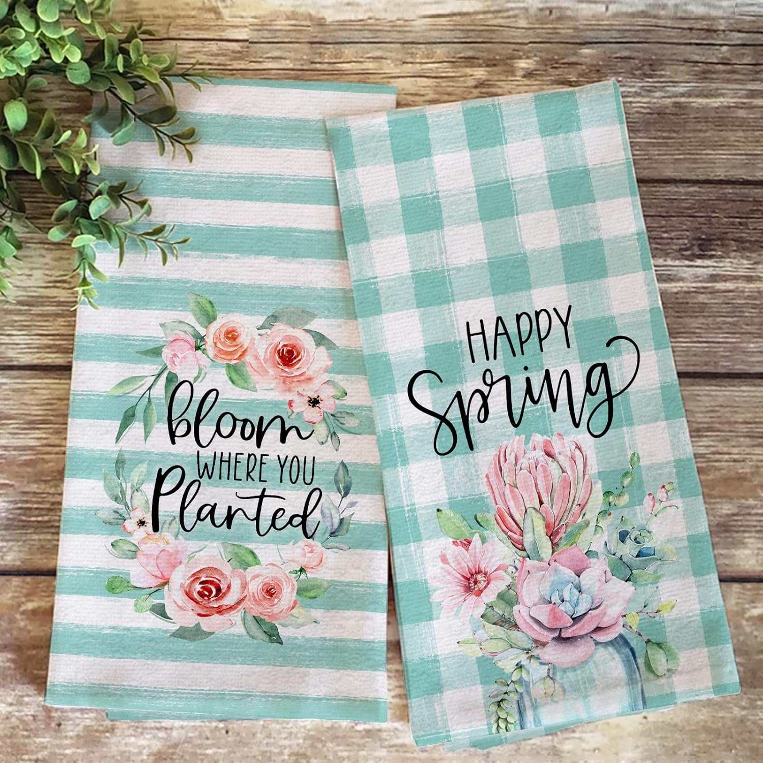 Seliem Happy Spring – Juego de 2 toallas de cocina con diseño de cactus y flores suculentas, guirnalda de rosas, color verde menta, búfalo a rayas,