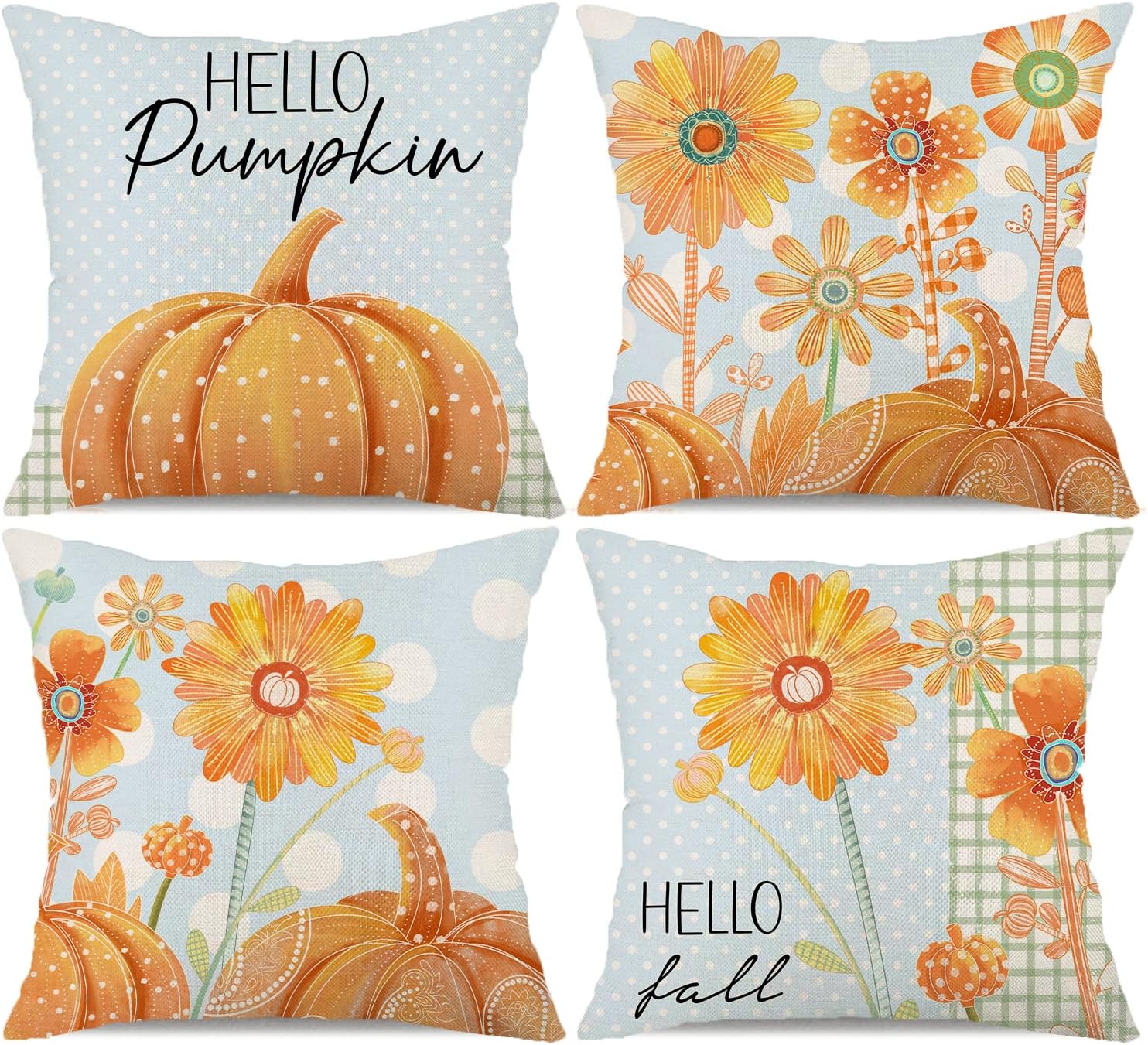 Juego de 4 fundas de almohada decorativas de otoño de 18 x 18 pulgadas, diseño de girasol, margarita, calabaza, decorativas, otoño, Acción de