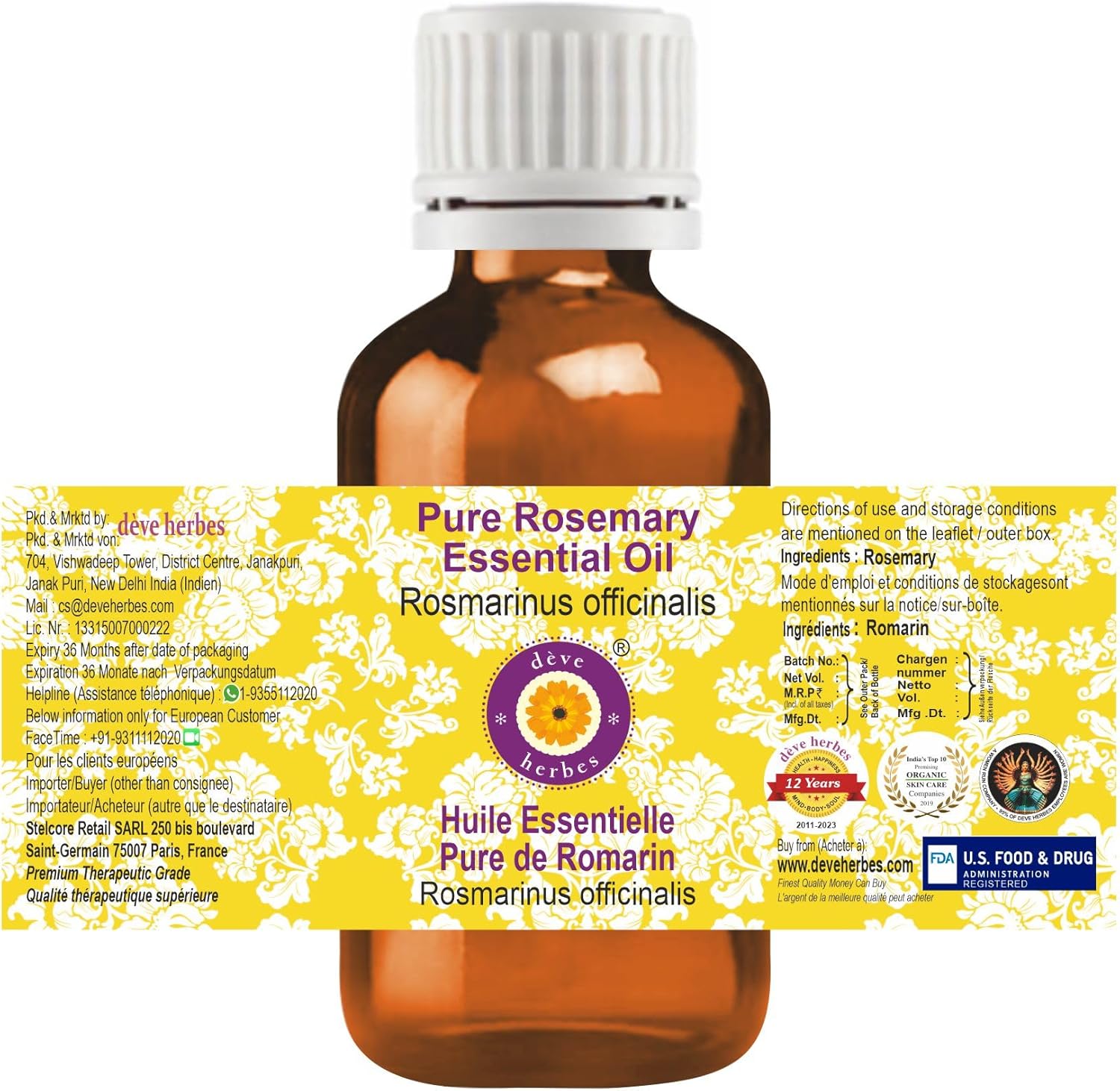Deve Herbes Aceite esencial de romero puro (Rosmarinus officinalis) destilado al vapor, 1.0 fl oz (1 oz)