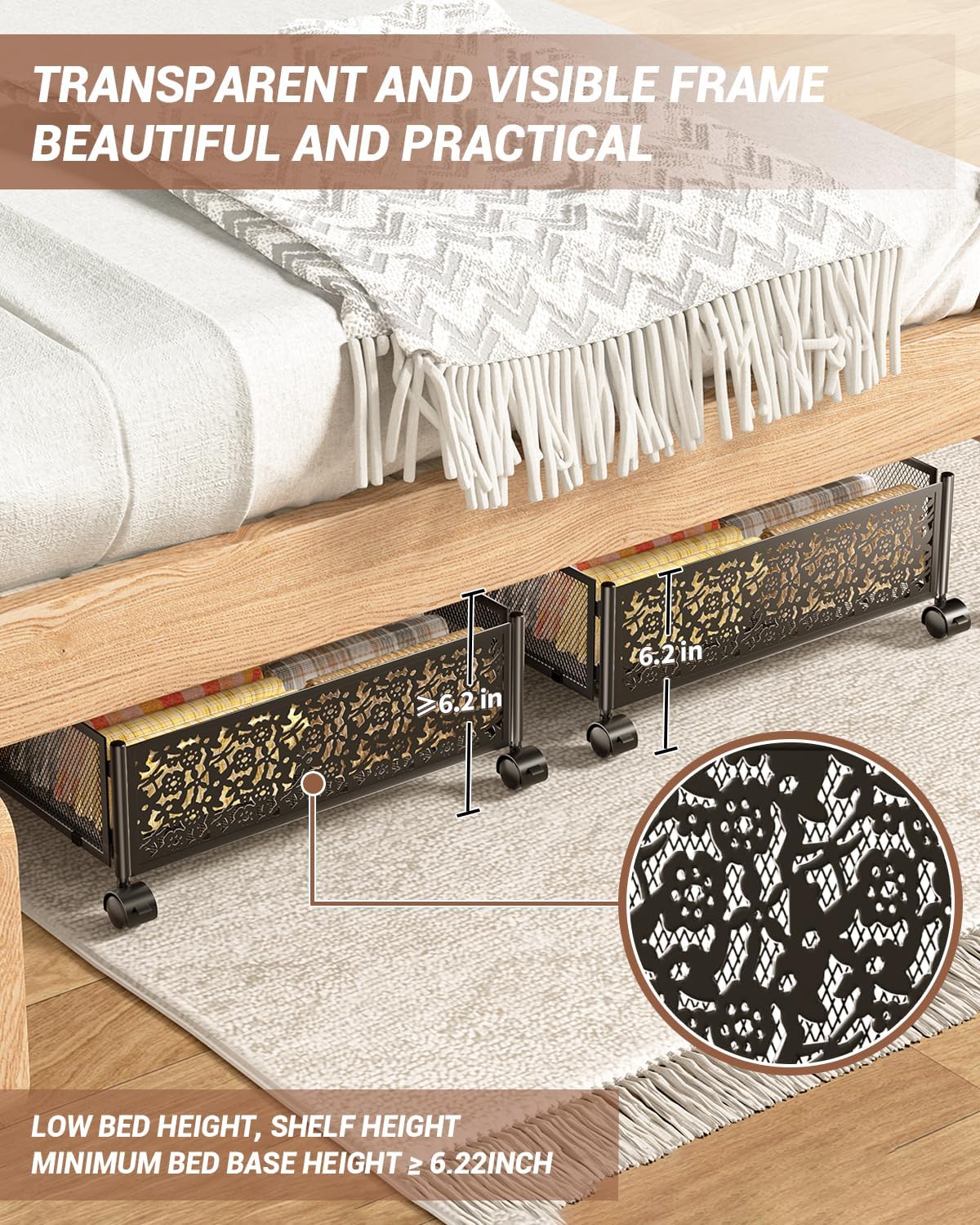 Almacenamiento debajo de la cama con ruedas, cajón de almacenamiento plegable debajo de la cama, montaje sin herramientas, contenedor de metal