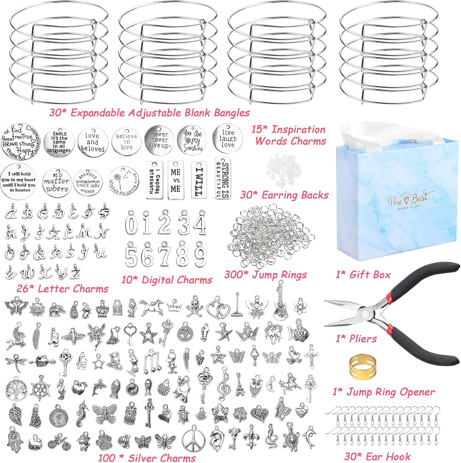 UPINS – Kit de 544 piezas para hacer aretes de pulsera, brazaletes en blanco expandibles con dijes, colgantes de plata tibetana, ganchos para