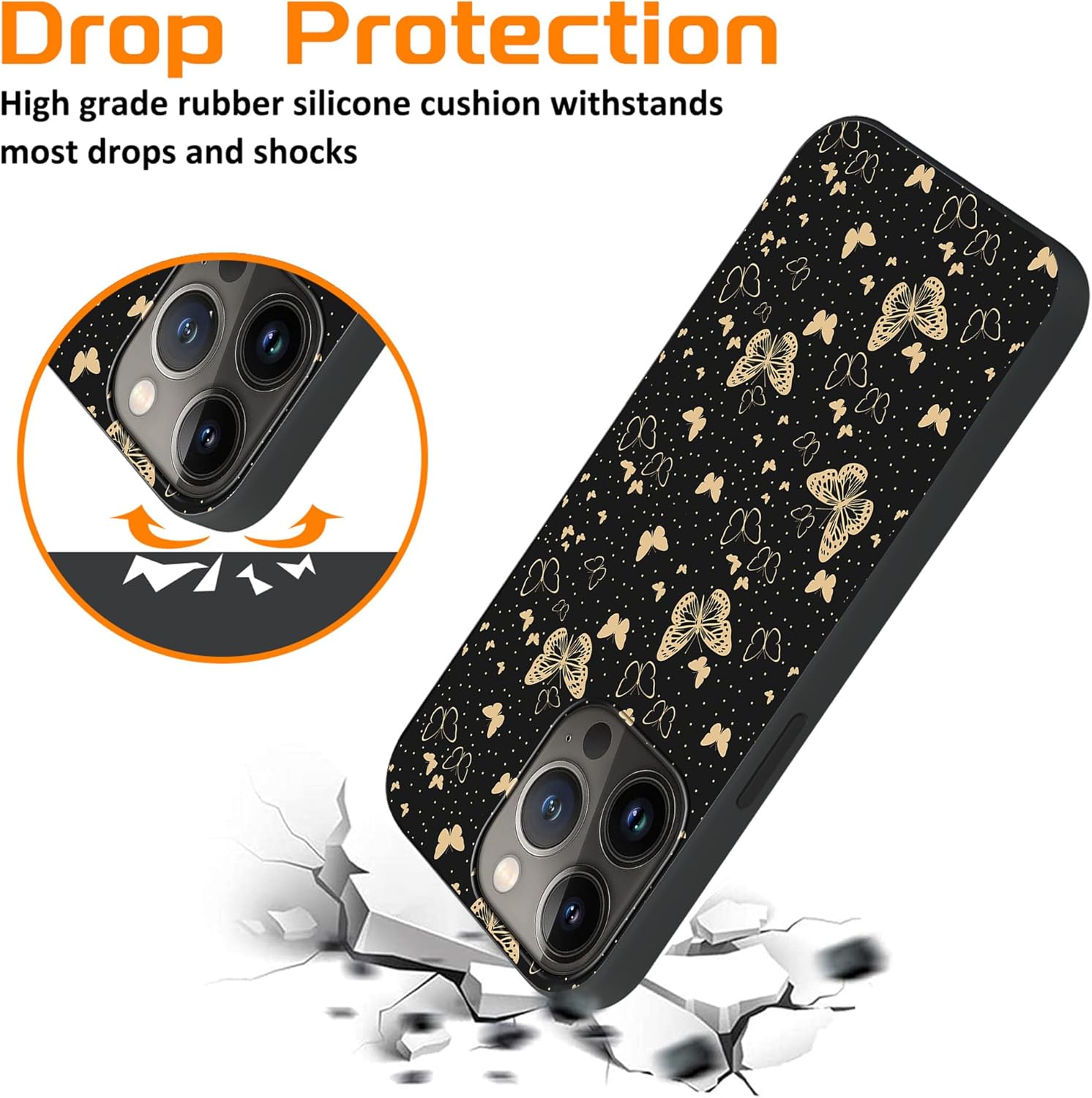 Funda diseñada para iPhone 15 Pro Max con patrón de mariposas doradas para hombres, mujeres, niños y niñas, TPU suave, cuerpo completo, a prueba de