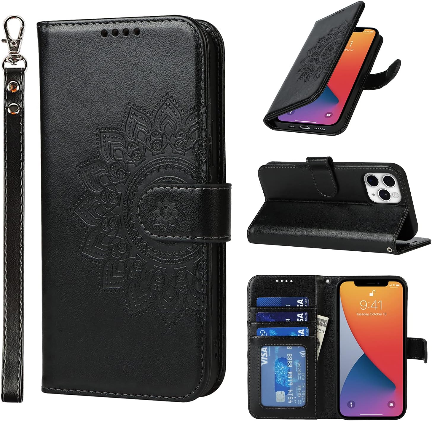 SunYoo Funda magnética de cuero con estampado de flores para iPhone 11 Pro (5.8 pulgadas), color negro