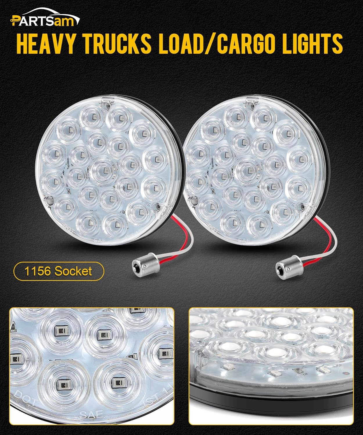 Partsam Luz trasera redonda de 4 pulgadas, 21-2835 LED, luces auxiliares azules, luz de carga de carga con 1156 zócalo TPE, lente transparente de