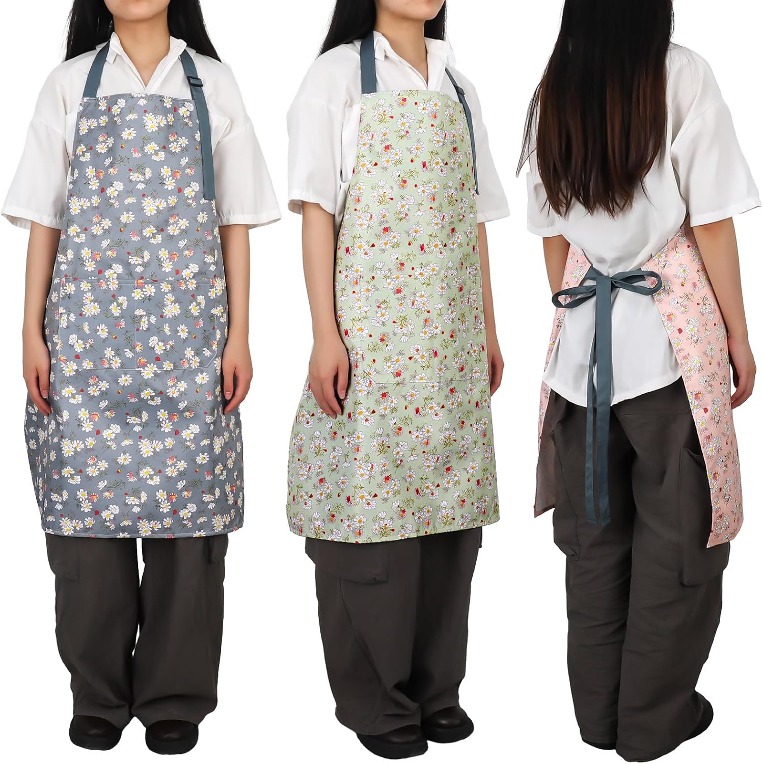 3 delantales florales Little Daisy, delantal impermeable para mujeres con bolsillos, delantal de cocina, delantal ajustable, delantal de chef suave