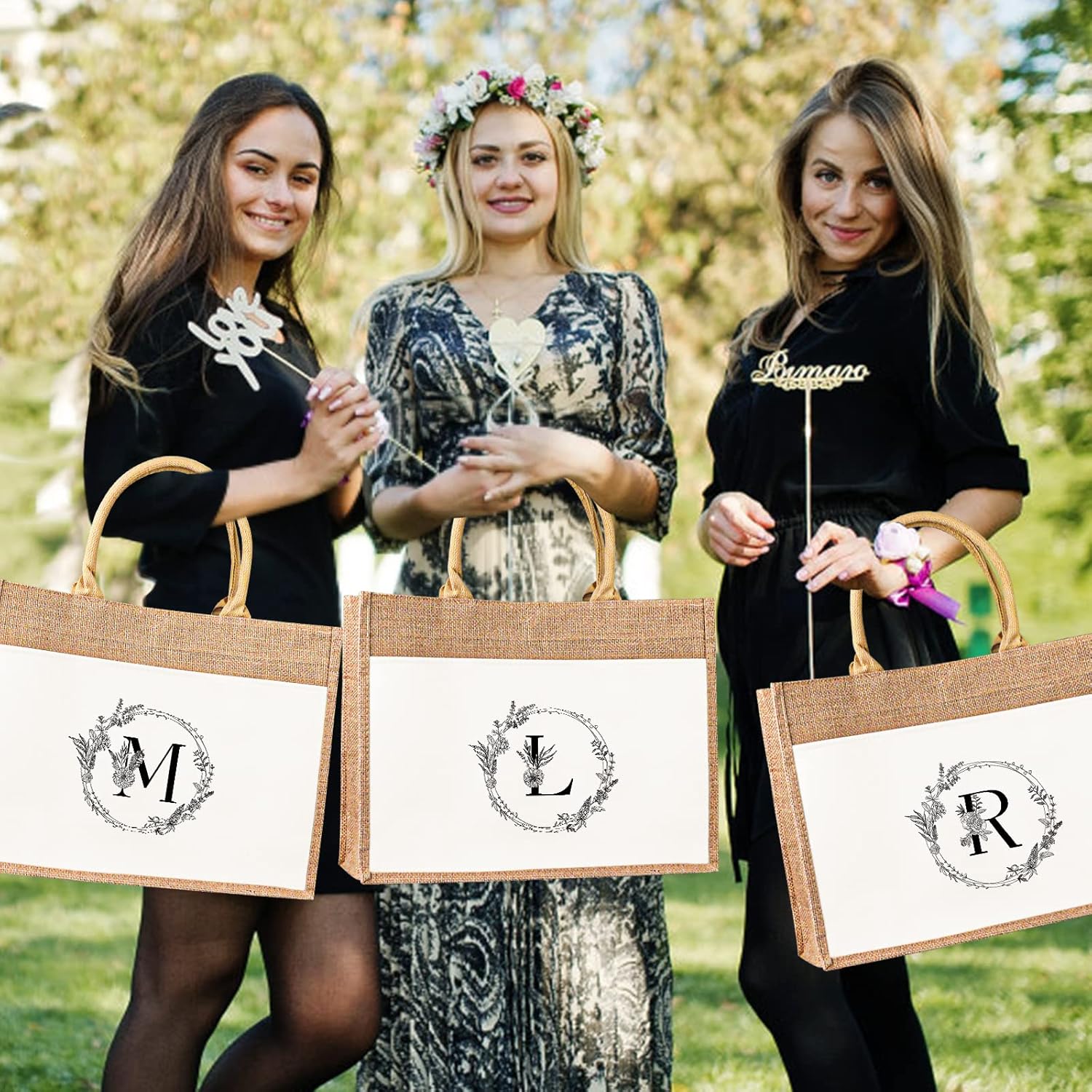 JUSTOTRY Bolsa de mano con inicial, yute natural, grande, 13 onzas, personalizada, bolsa de lona con monograma, regalo para mujer