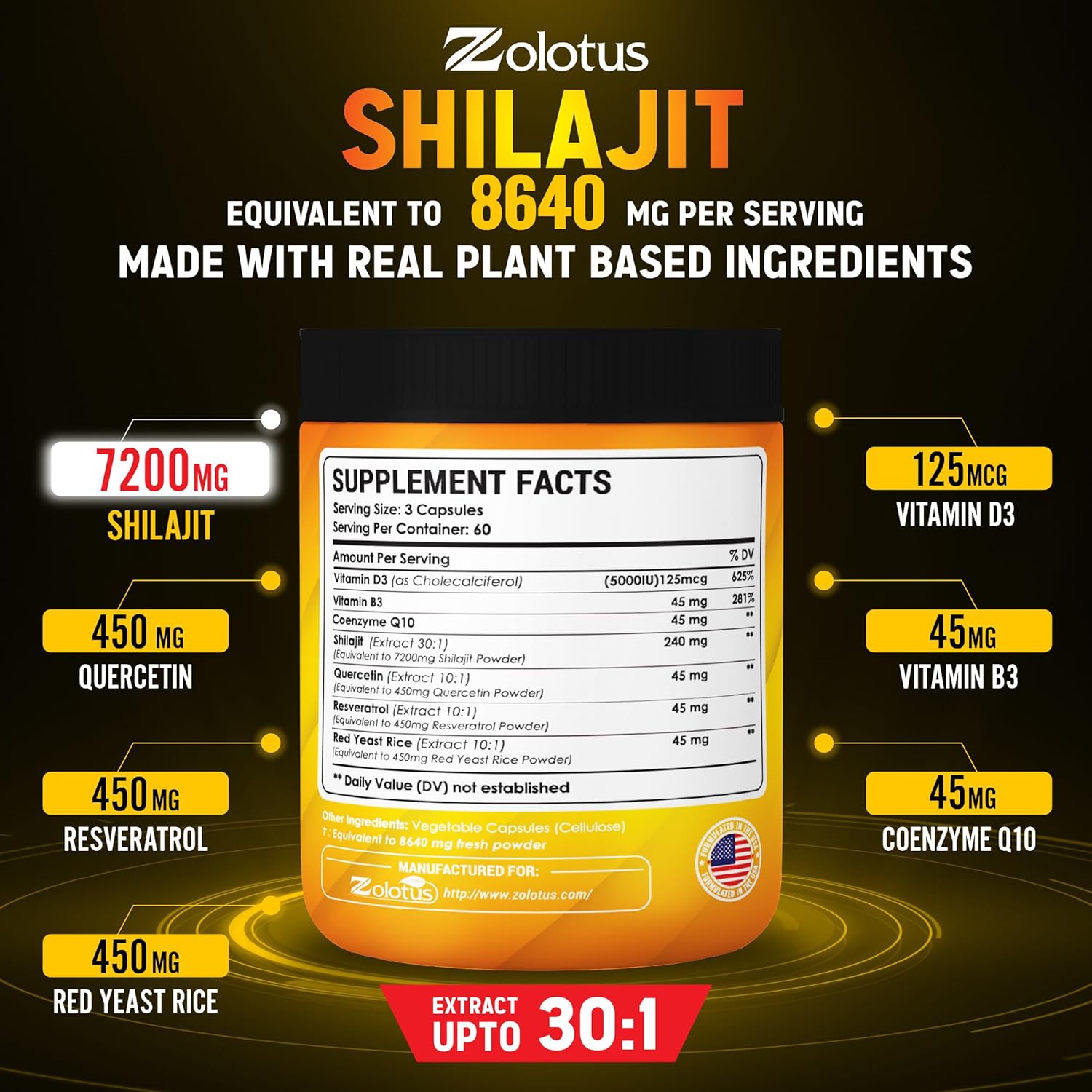 Zolotus Suplemento Shilajit 7 en 1 + arroz de levadura roja, cápsulas de coenzima Q10, equivalente a 8640 mg, con quercetina, resveratrol, vitamina