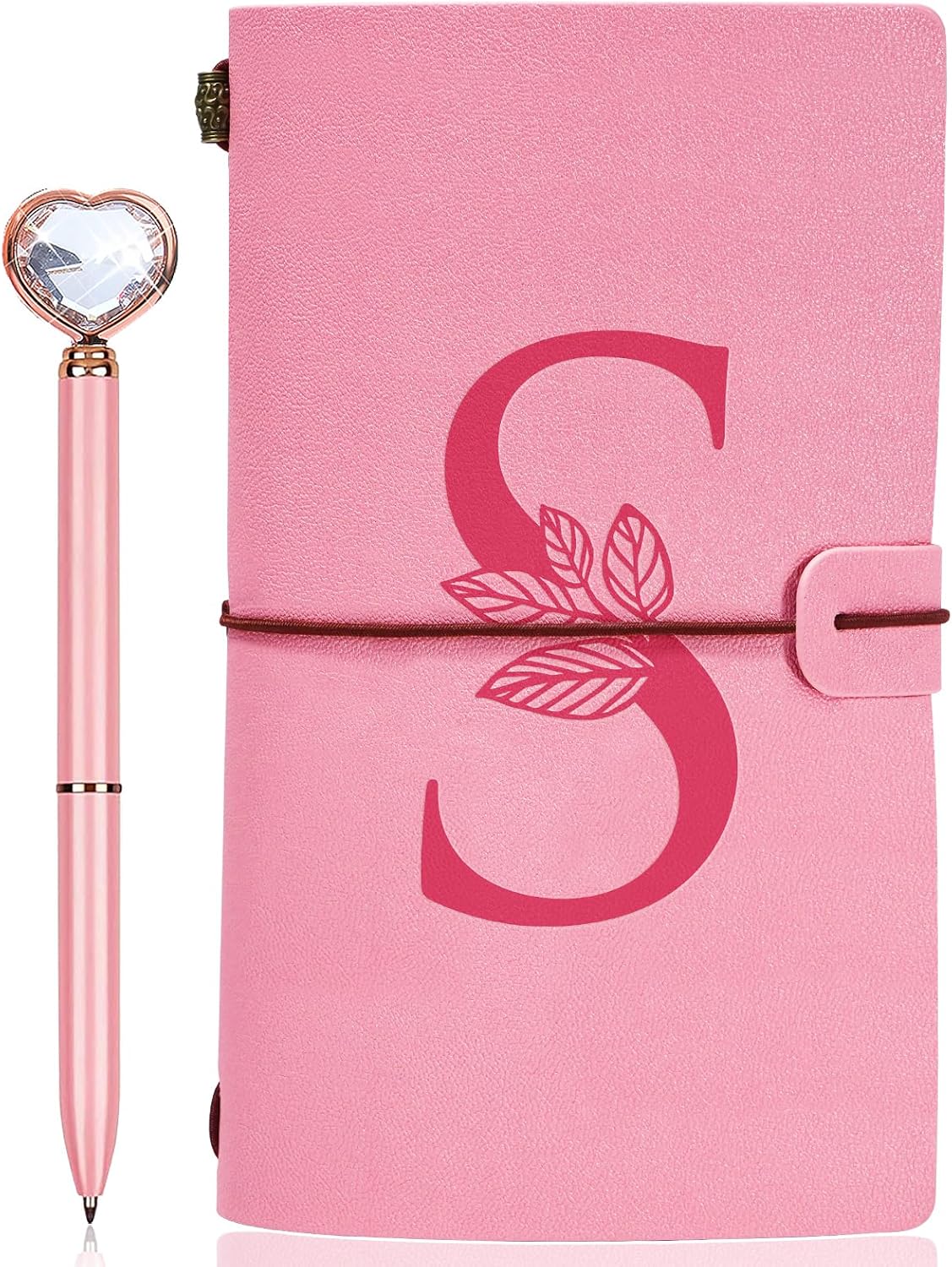 JEWPHX Diario personalizado para regalo, diario de cuero con inicial rosa + juego de bolígrafo de corazón de diamante, cuaderno de viaje, bloc de
