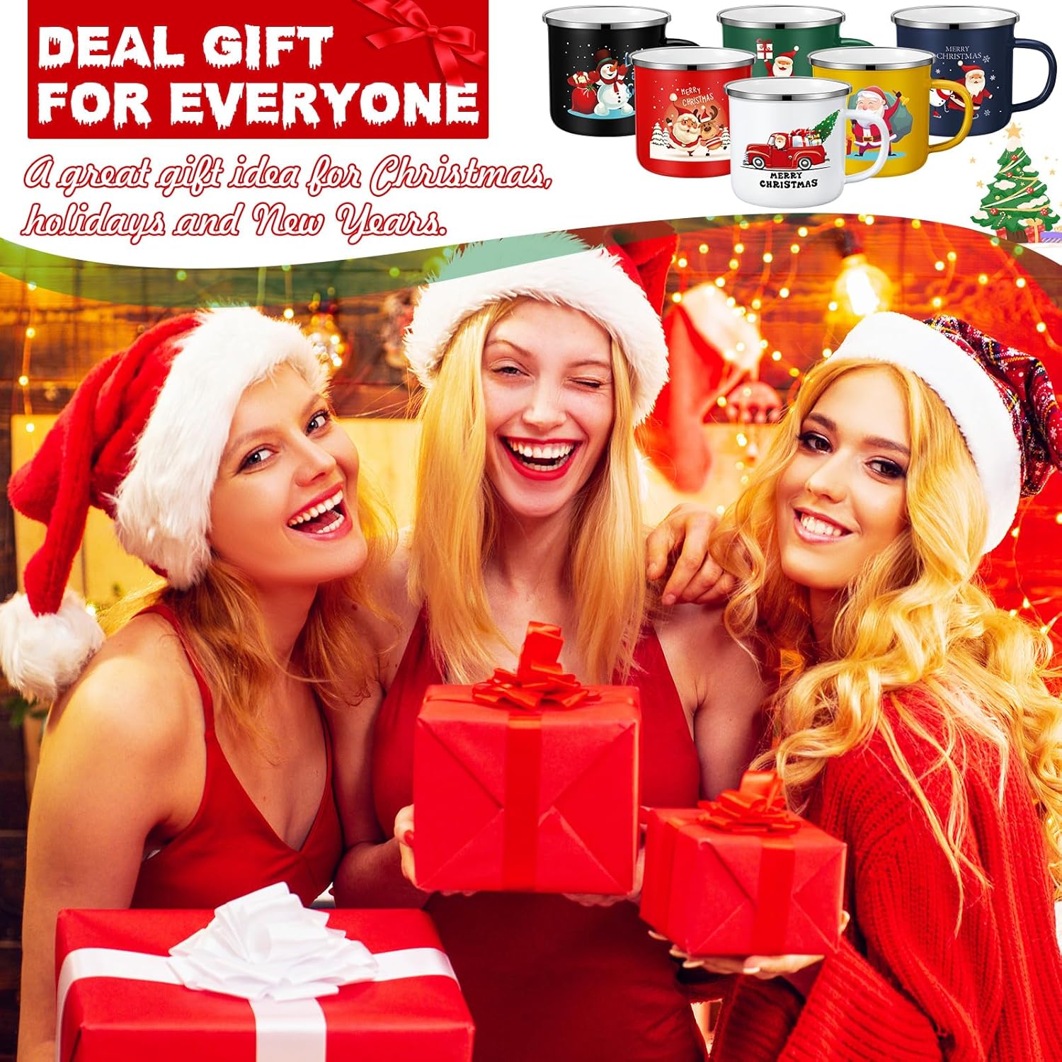 Zhehao 6 tazas de café de Navidad esmaltadas de 12 onzas de Navidad con diseño de feliz Navidad, tazas de café de Navidad para Navidad, café, té,