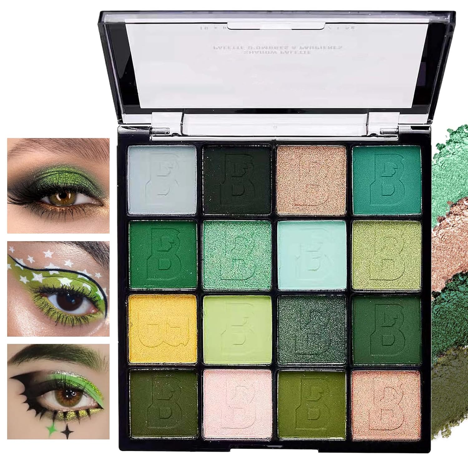 XiaoTu Paleta de sombra de ojos verde, paleta de maquillaje de sombra de ojos mate con purpurina de 16 colores, altamente pigmentada, colorida,