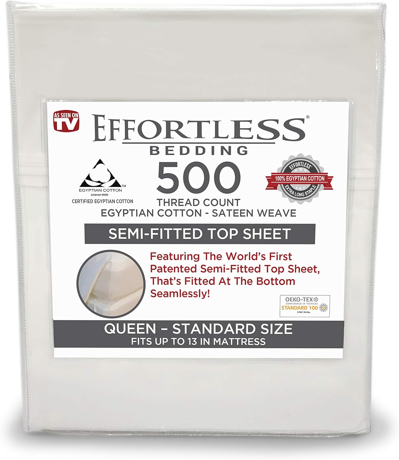 Effortless Bedding – Sábana superior semiajustable patentada, 100% algodón egipcio Giza certificado, fibra extralarga, tejido satinado de 500 hilos,