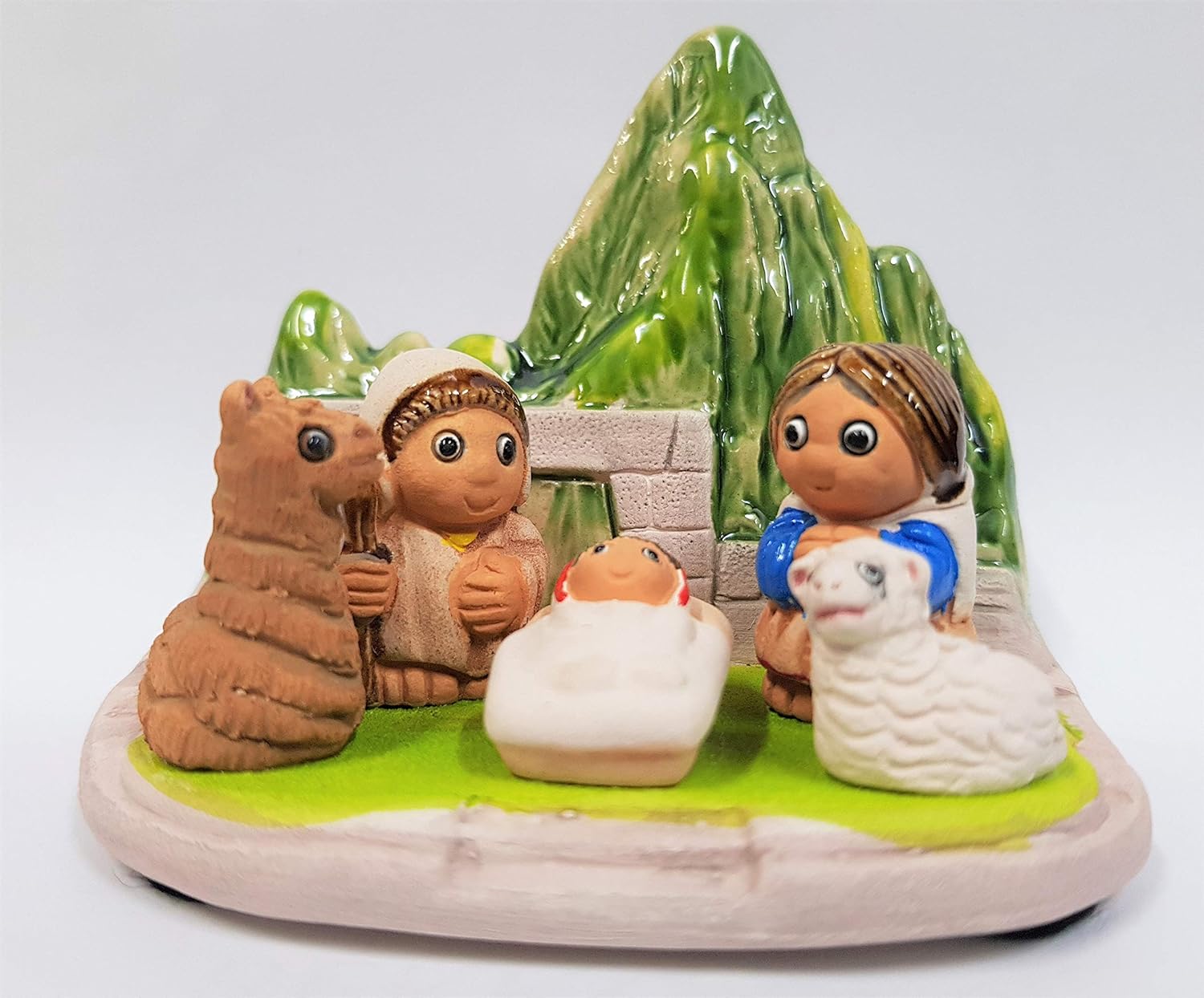 Machu Picchu Nativity Scene – Handmade in Clay – 1 block – 3.15″X2.15″X3.15″ high, Peru, Ruins, Incas, Andes, Llama, Sheep, Peruvian