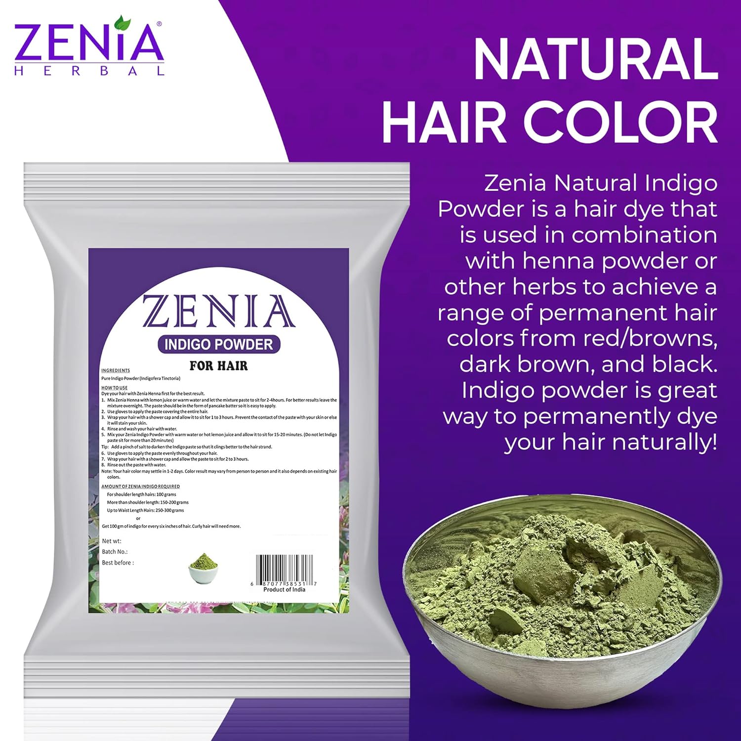 Zenia Tinte índigo en polvo para cabello y barba  7 onzas (7 onzas)  Tinte para el cabello 100% natural  Color de cabello a negro naturalmente  100%