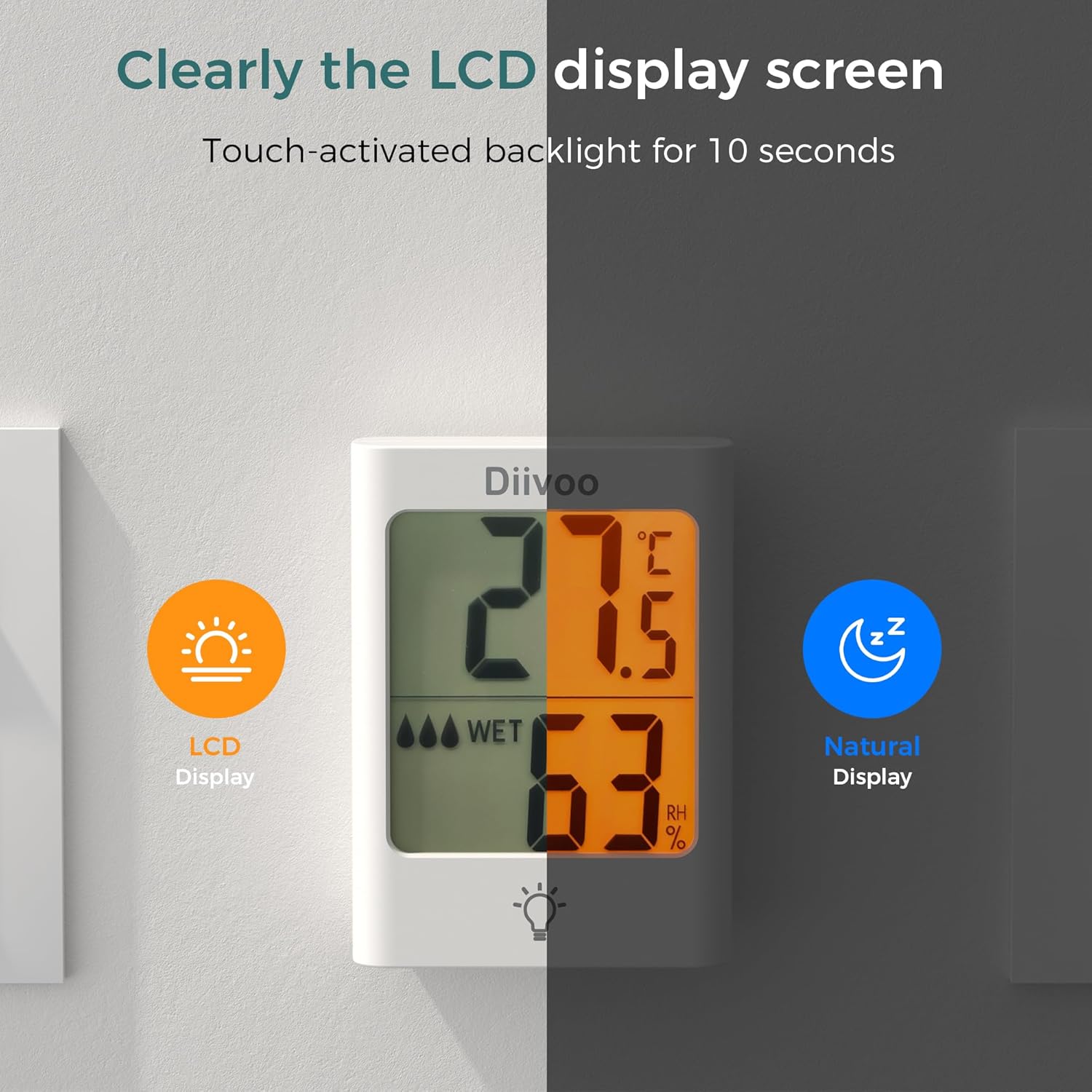 Termómetro interior para el hogar, sensor de humedad de temperatura Diivoo con pantalla de luz LCD, termómetro higrómetro con actualización rápida