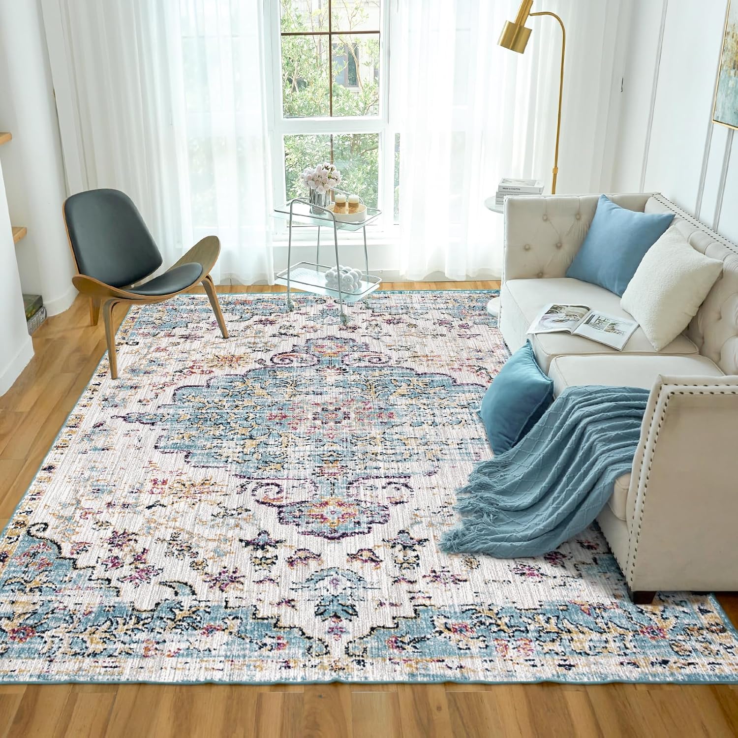 VK VKLIVING Alfombra lavable a máquina de 5 x 7 pies, diseño vintage, lavable con alfombras antideslizantes para sala de estar y dormitorio,