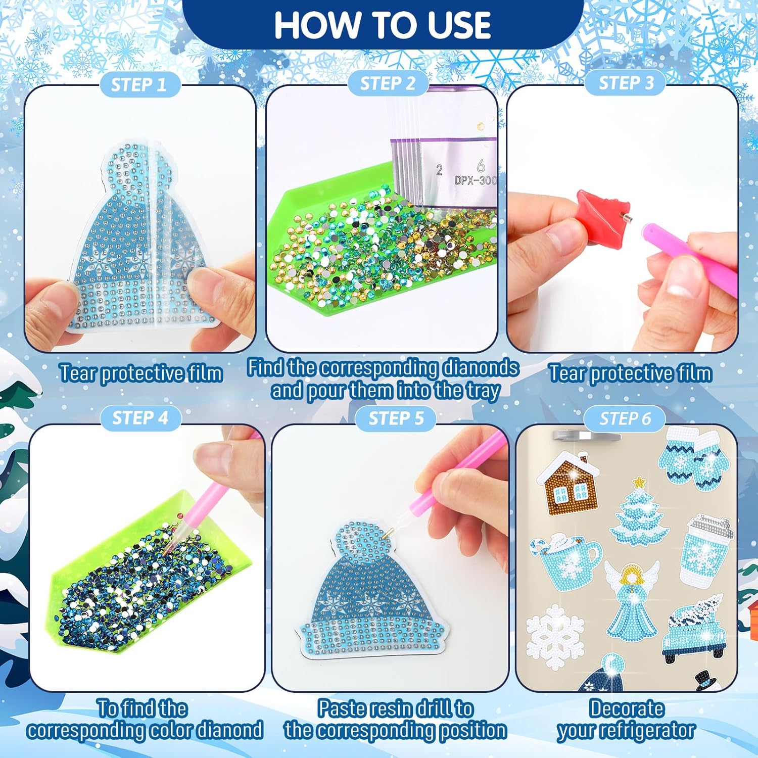 16 piezas de arte de diamantes de invierno para refrigerador, pintura de diamantes de Navidad, imanes de pingüino de invierno, copos de nieve,