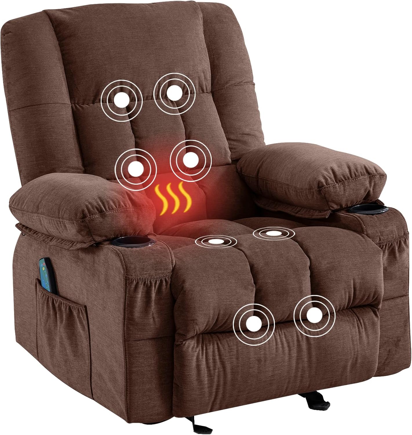 Silla reclinable de masaje con masaje por vibración y calor, ergonómica para sala de estar con función de balanceo y bolsillo lateral, 2 portavasos,