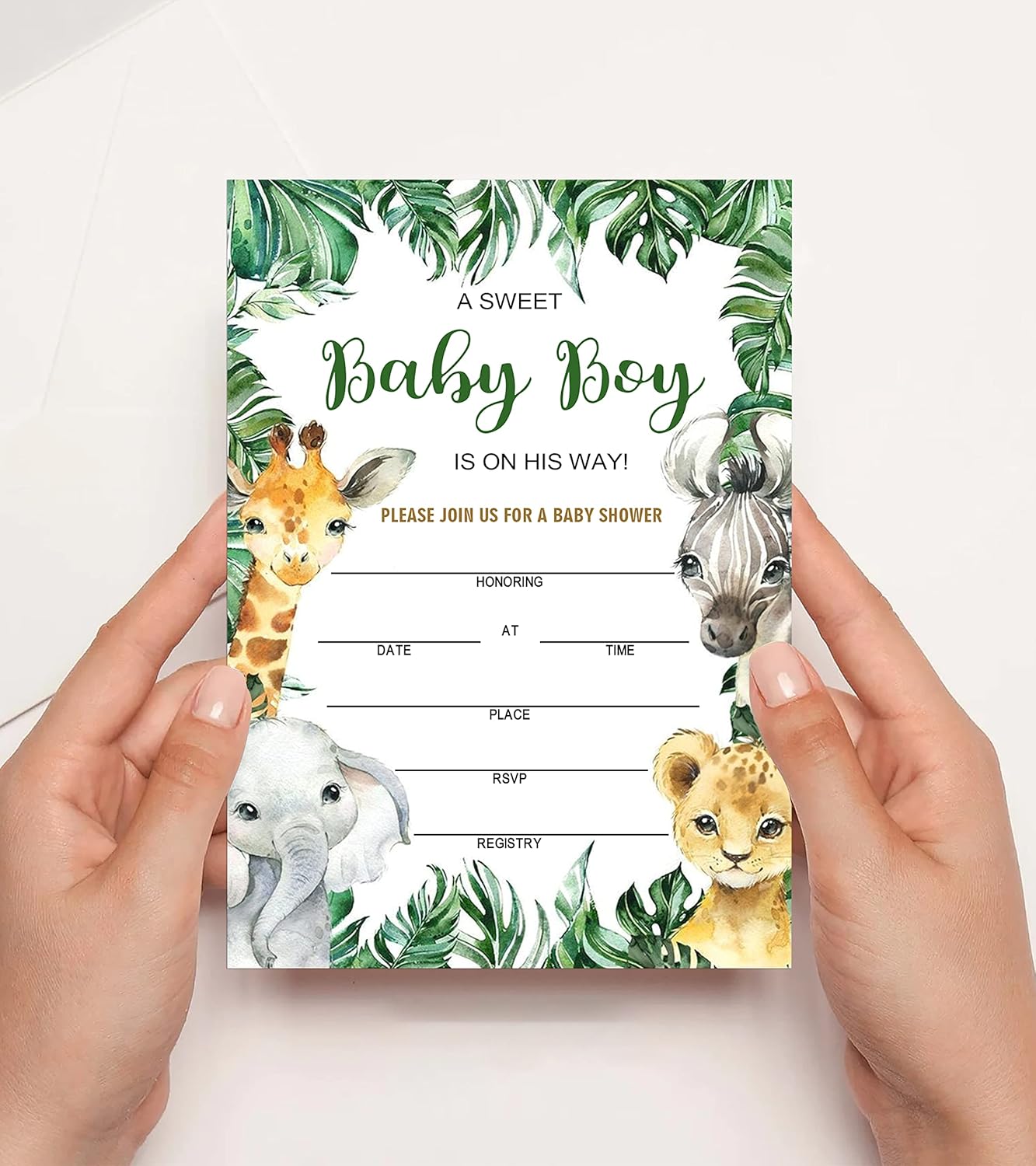 Invitaciones de baby shower para niño, tarjetas de relleno de animales de la selva con sobres, de madera, juego de 25.