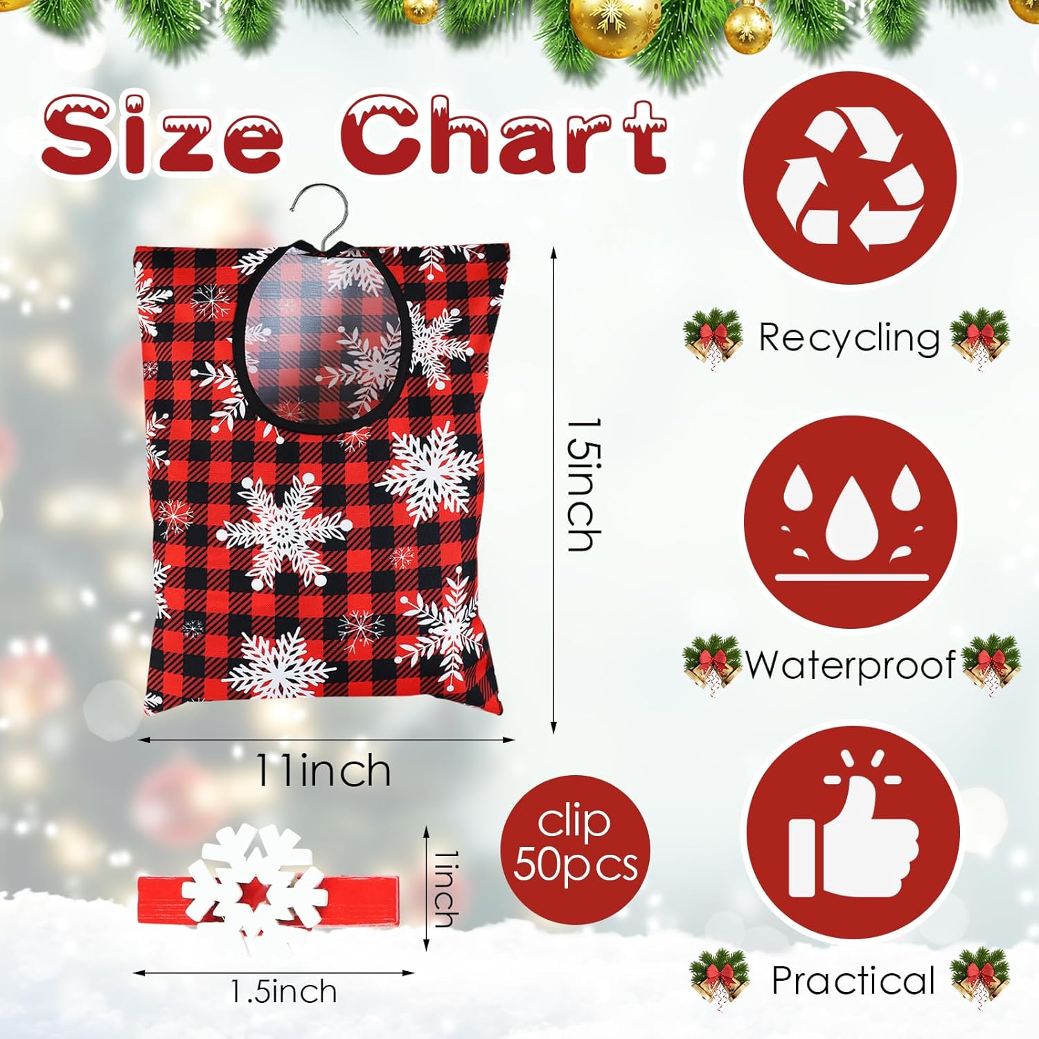 2 piezas de ropa de Navidad Pin bolsa de ropa soporte para bolsa de ropa de copo de nieve soporte de 15 x 11 pulgadas para ropa de invierno bolsa