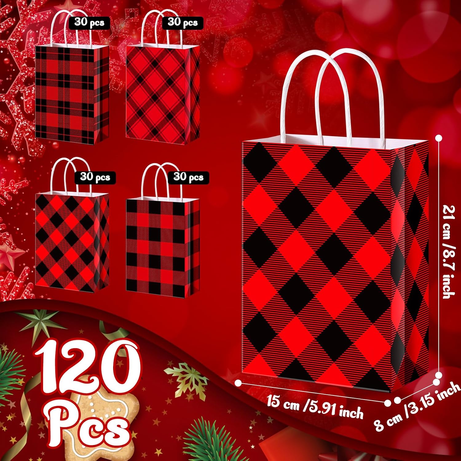 Zhanmai 120 bolsas de regalo de Navidad, color negro y rojo, bolsas de papel kraft de búfalo a cuadros, bolsa de papel kraft de Navidad, bolsas de