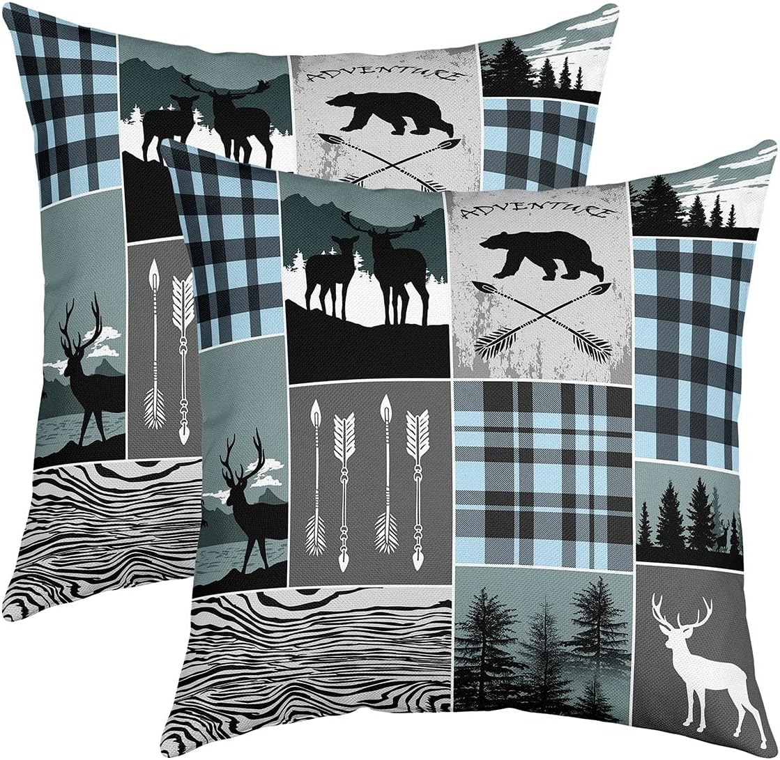 Juego de 2 fundas de almohada decorativas de granja rústica de 24 x 24 pulgadas, fundas de almohada de retazos de oso y alce, fundas de cojín de