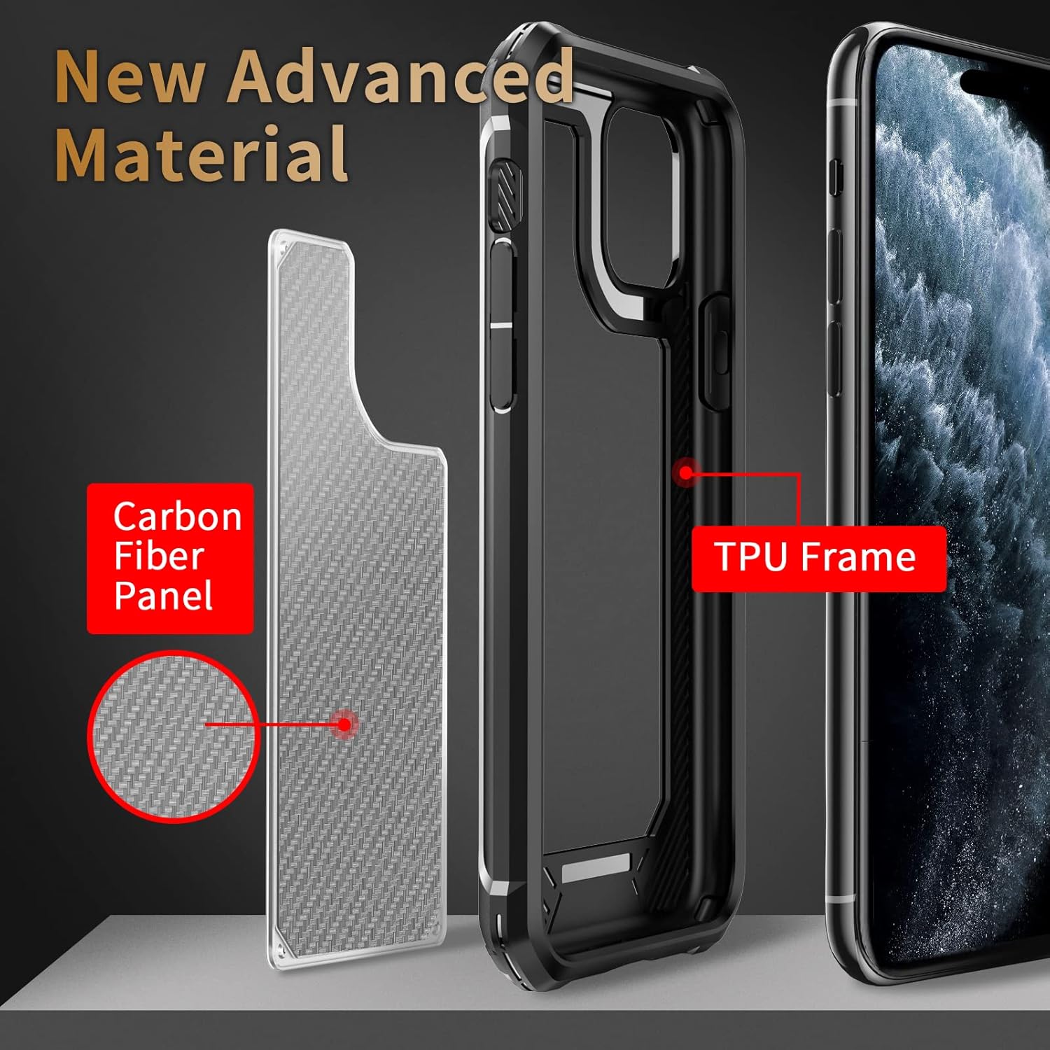 Tuerdan Funda para iPhone 14 Pro Max, a prueba de golpes de grado militar, parte trasera de fibra de carbono duro, marco de parachoques de TPU