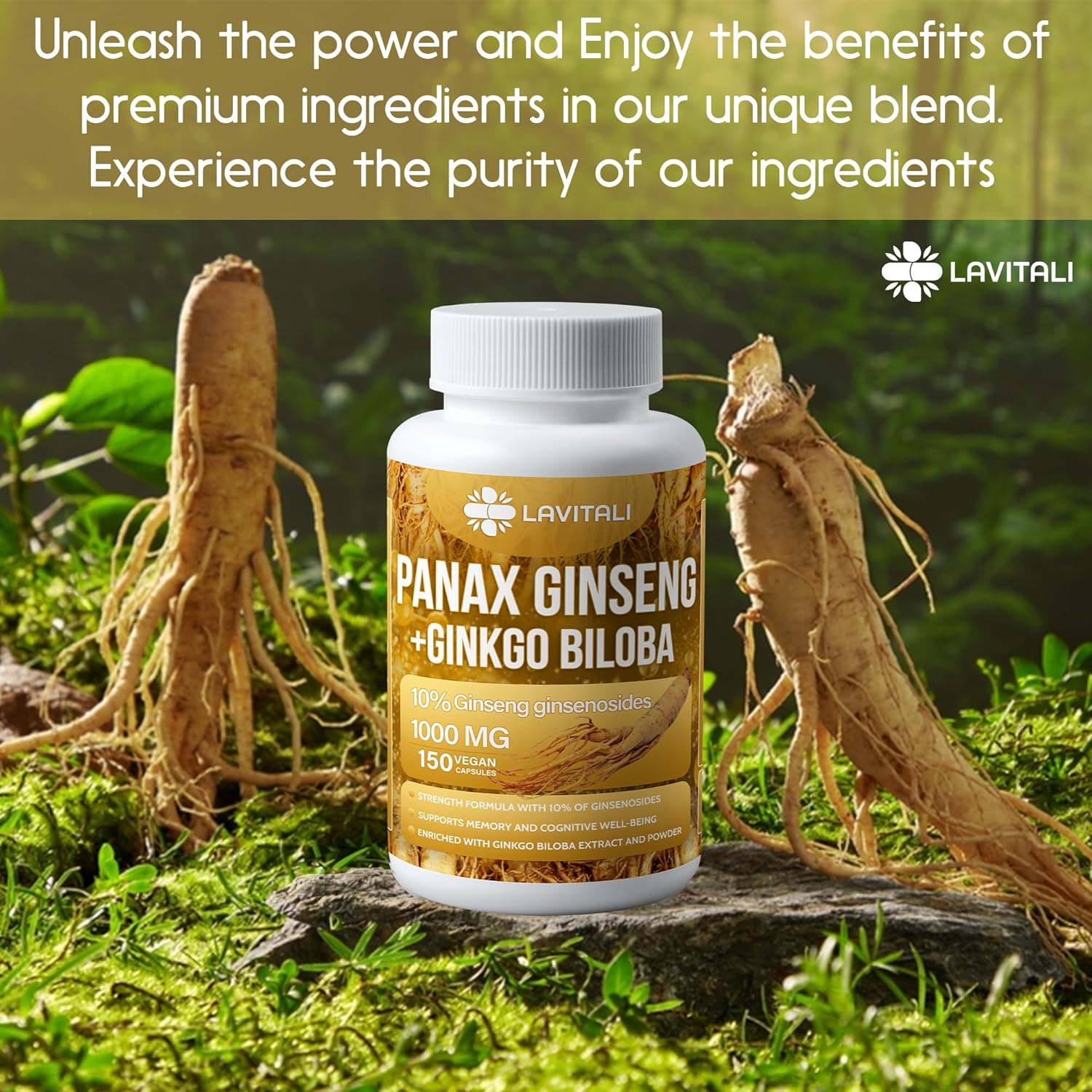 Ginseng & Ginkgo Biloba 150 cápsulas vegetales, polvo de extracto de raíz de ginseng energético, con extracto de ginkgo biloba, 100% natural y sin