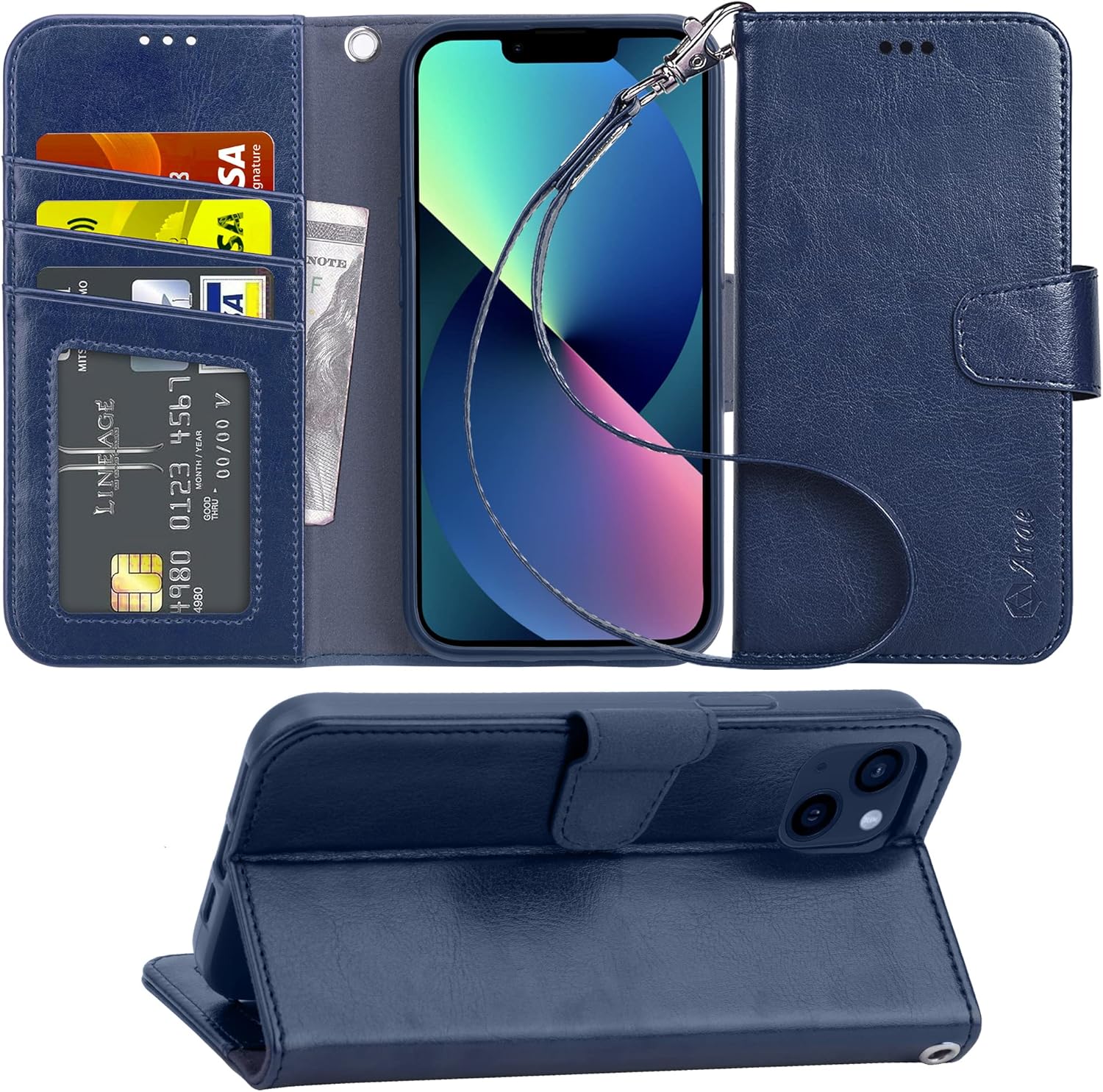 Arae Funda compatible con iPhone 13 con tarjetero y correa para la muñeca para iPhone 13 de 6.1 pulgadas, color azul