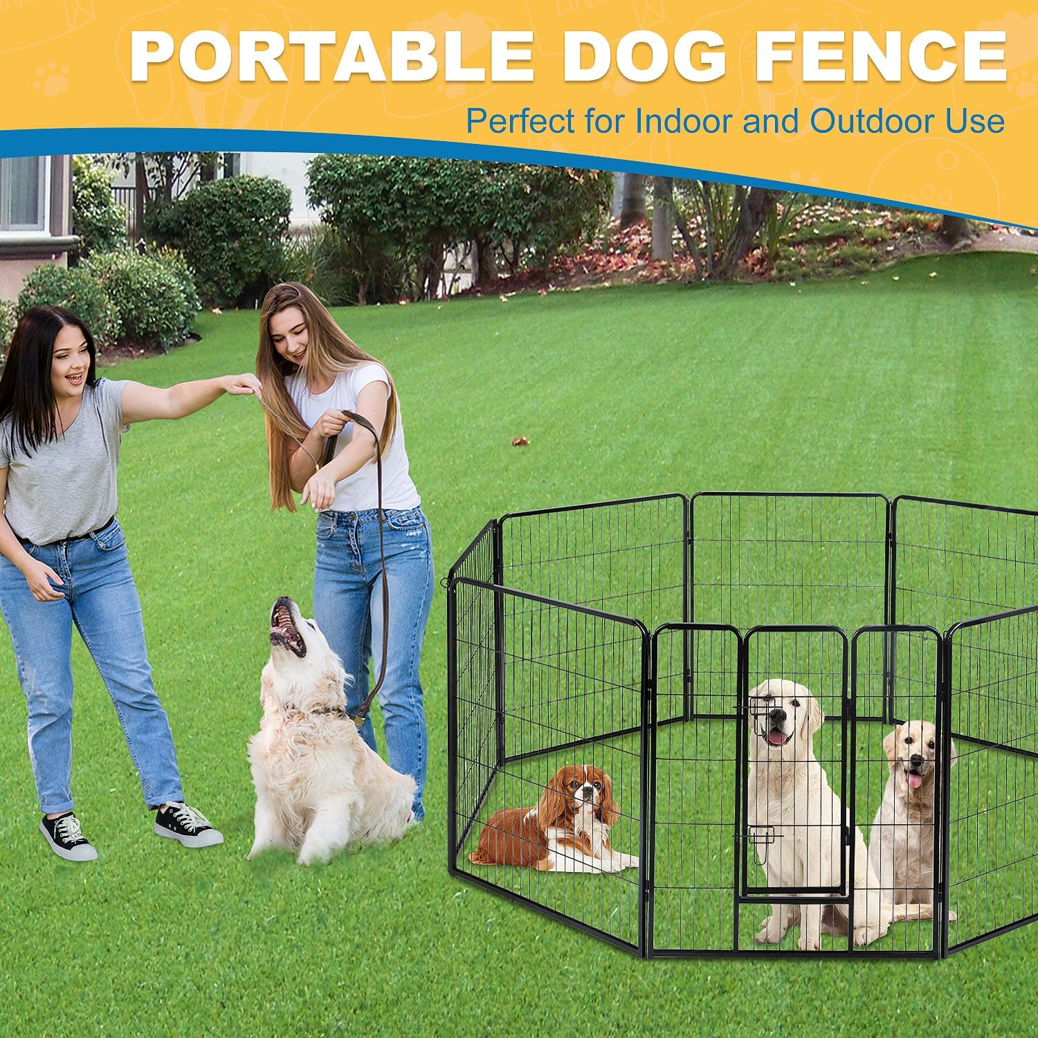 Corralito para perros para interiores, corralito de juego para cachorros para interiores y exteriores, valla de metal de 8 paneles con puertas,