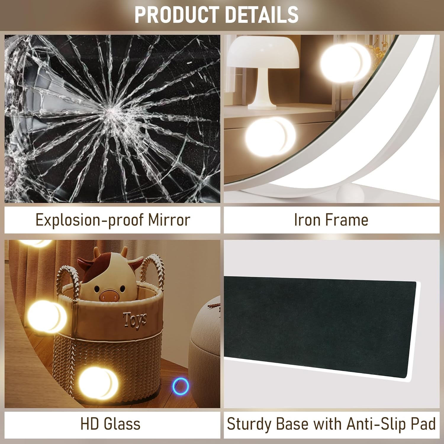 LVSOMT Hollywood Espejo de tocador de maquillaje con luces, espejo LED de 20 pulgadas con aumento de 10X, espejo de escritorio iluminado con 3 modos