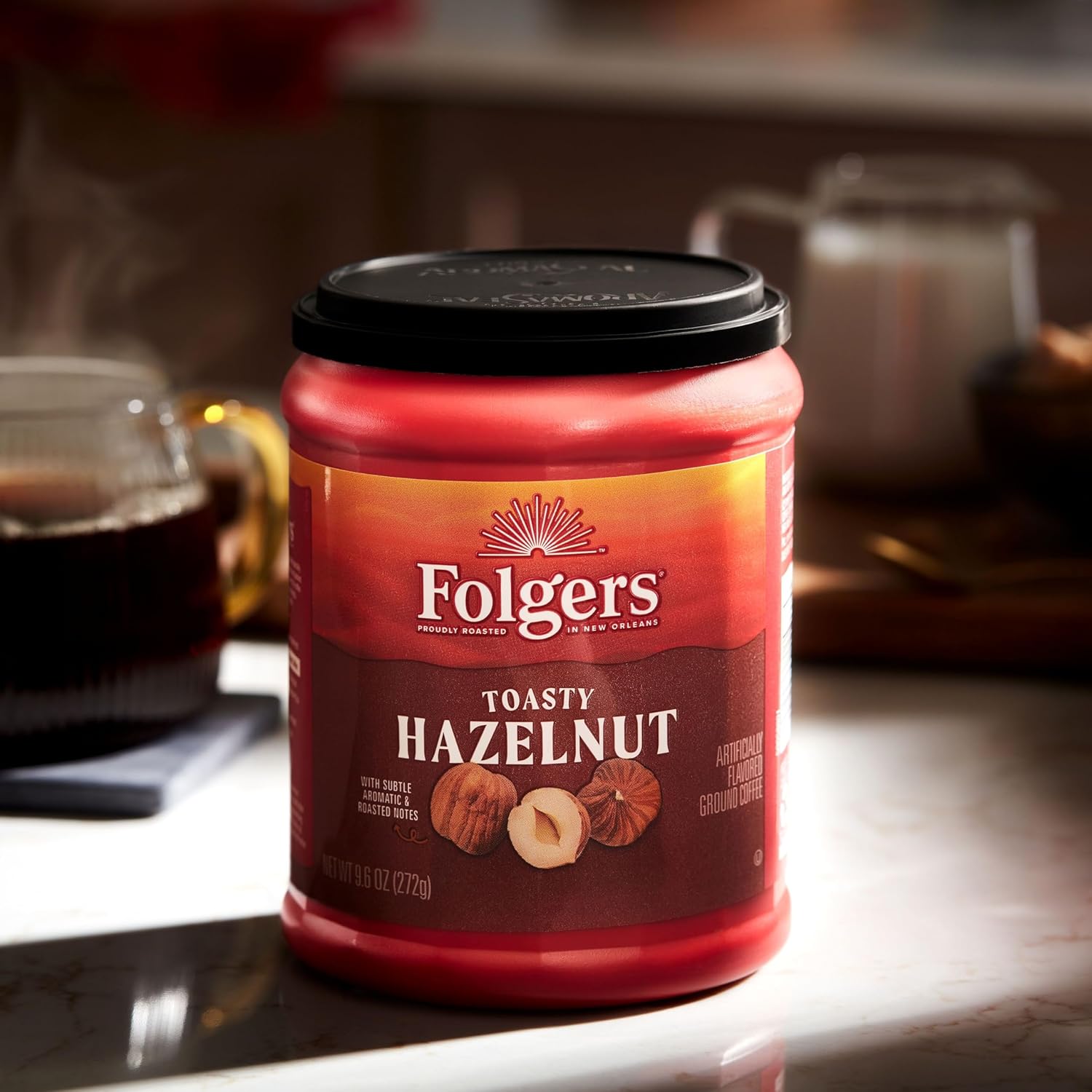 Folgers Café molido con sabor a avellana tostada, recipiente de 9.6 onzas (paquete de 6)