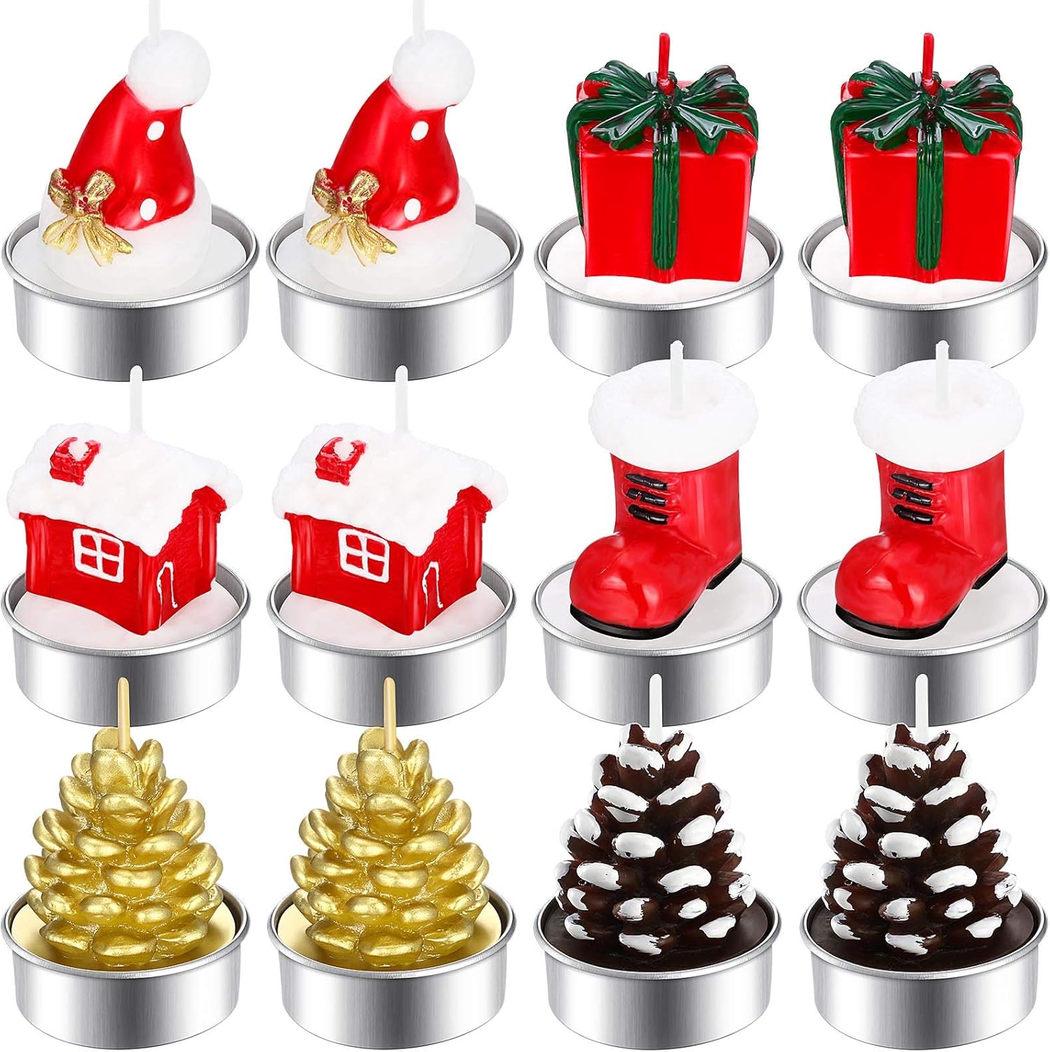 12 velas de Navidad hechas a mano con delicadas velas de Papá Noel, muñeco de nieve, piñas, árbol de Navidad, zapatos, casa, velas de sombrero de
