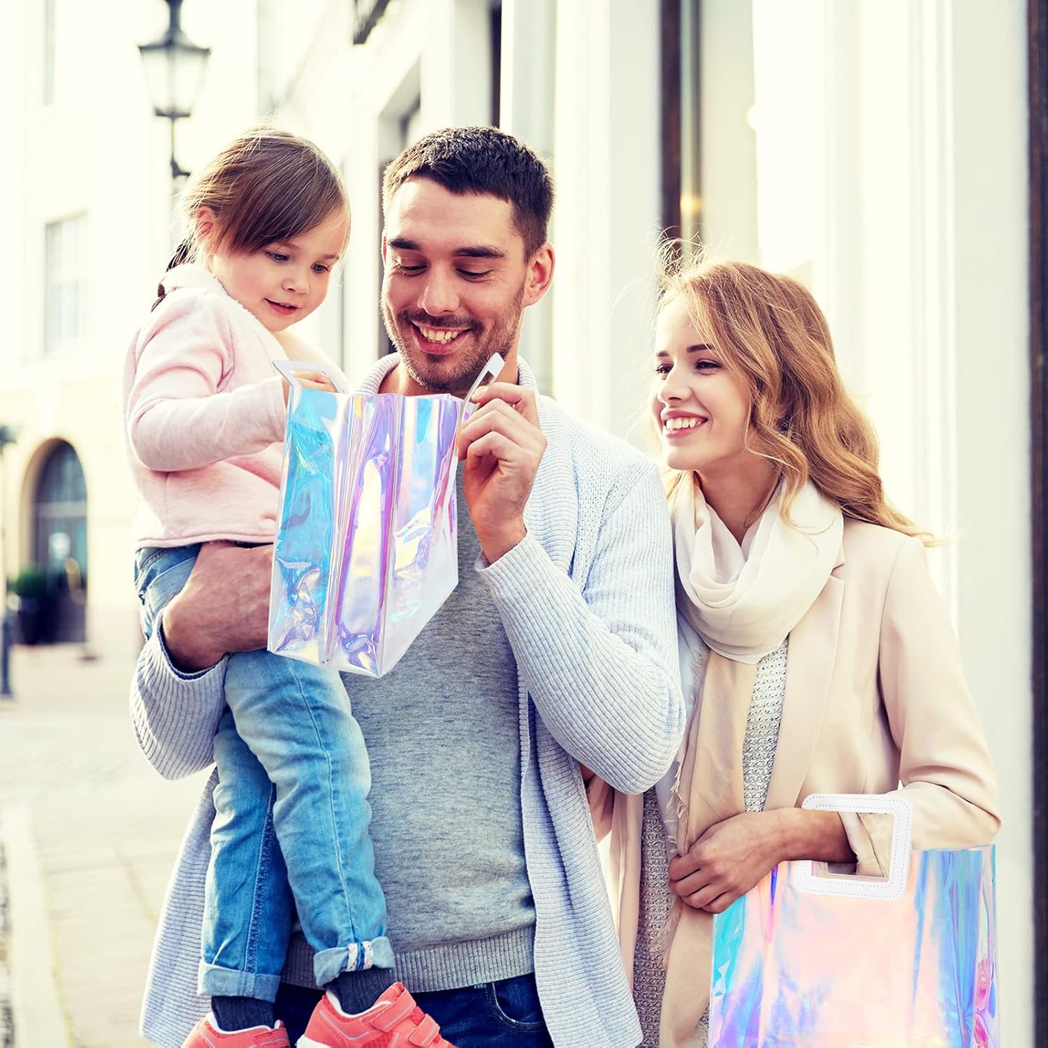 Whaline 5 bolsas de regalo holográficas grandes de 12.8 x 11.6 x 5.7 pulgadas, iridiscentes, transparentes, reutilizables, de PVC, bolsas de compras