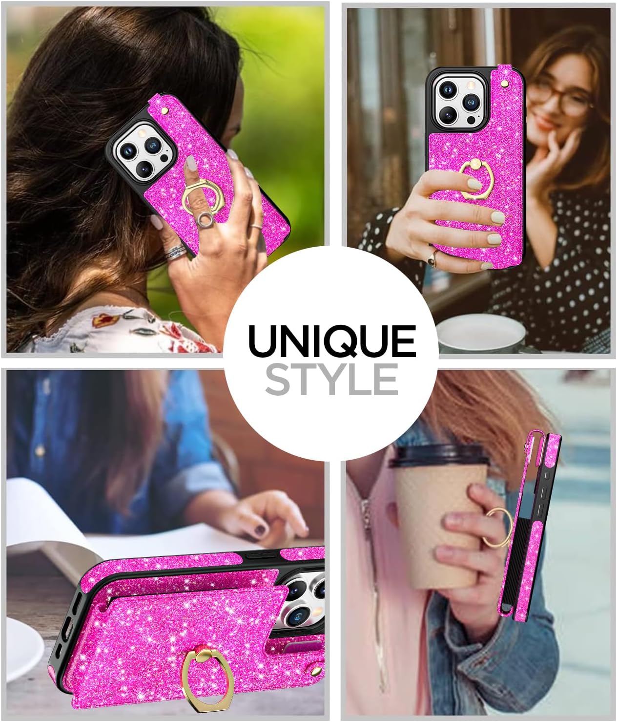 AICase Funda para tarjetas compatible con iPhone 15 Pro, funda protectora brillante con purpurina para mujer con soporte de anillo y 8 ranuras para