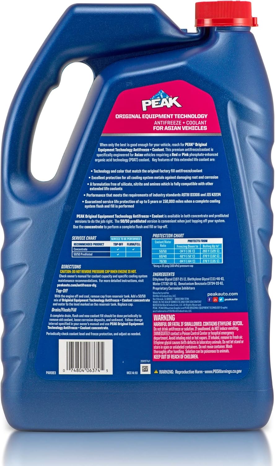 PEAK OET Extended Life – Anticongelante concentrado rojorosa para vehículos asiáticos, 1 galón