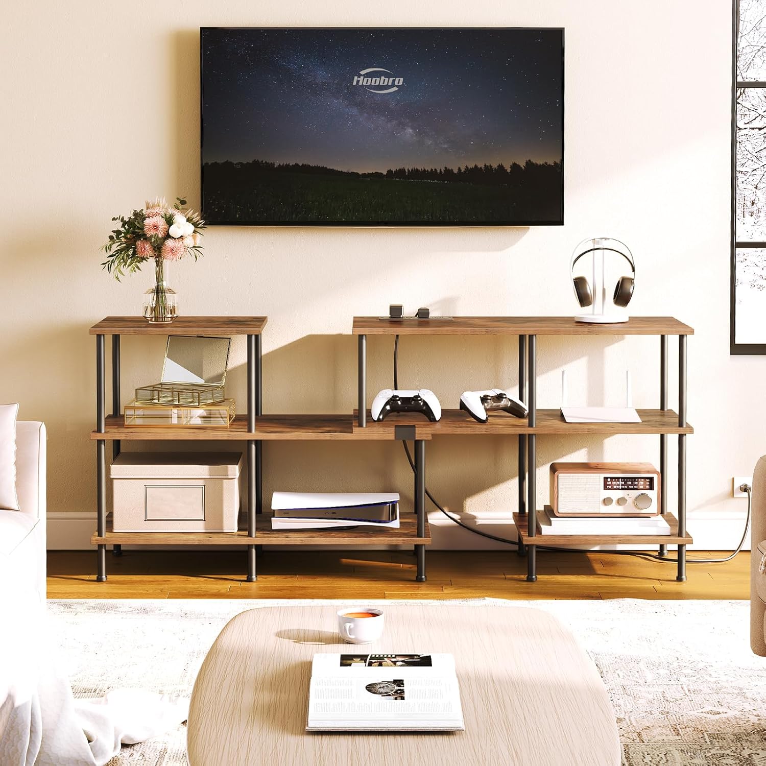 HOOBRO Soporte de TV, soporte de TV deformable con tomas de corriente de hasta 75 pulgadas, moderno centro de entretenimiento con estantes de