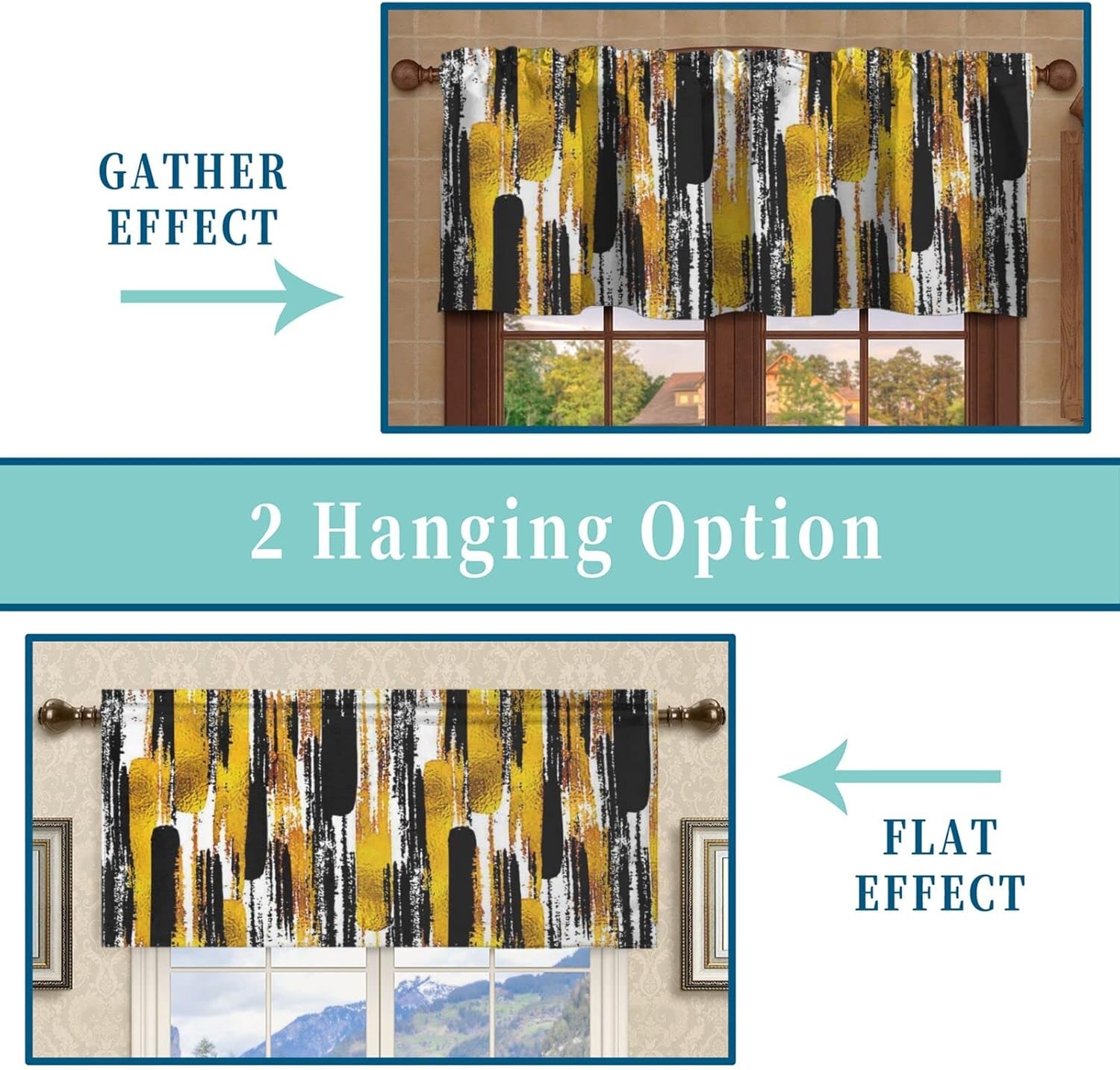 Cenefa de cortina de ventana con temática moderna de estilo artístico, patrón de acuarela para sala de estar, cenefa de cortina con bolsillo para