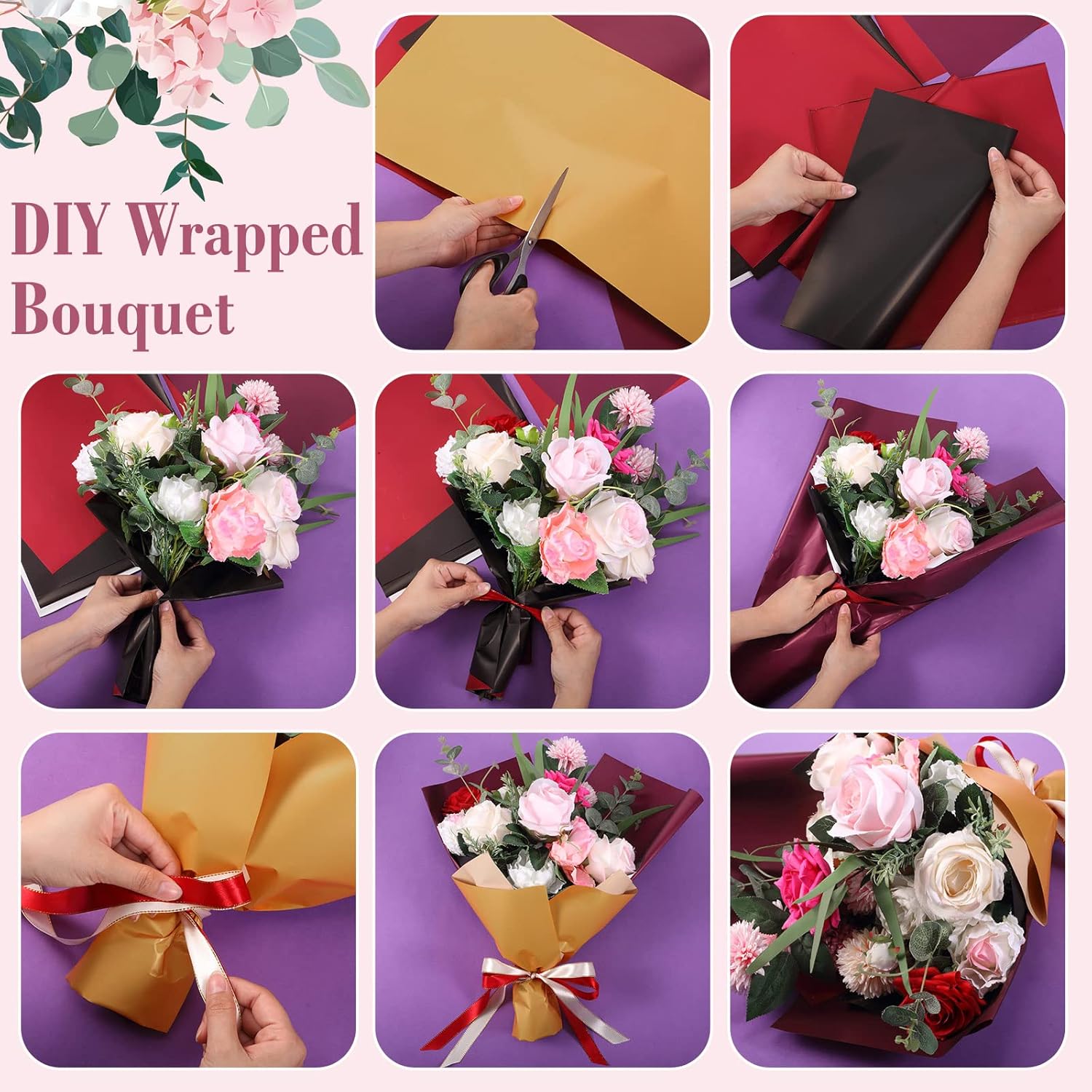 120 hojas de papel de regalo de flores doradas de doble cara, papel de embalaje impermeable de floristería y 3 rollos de cinta de poliéster con