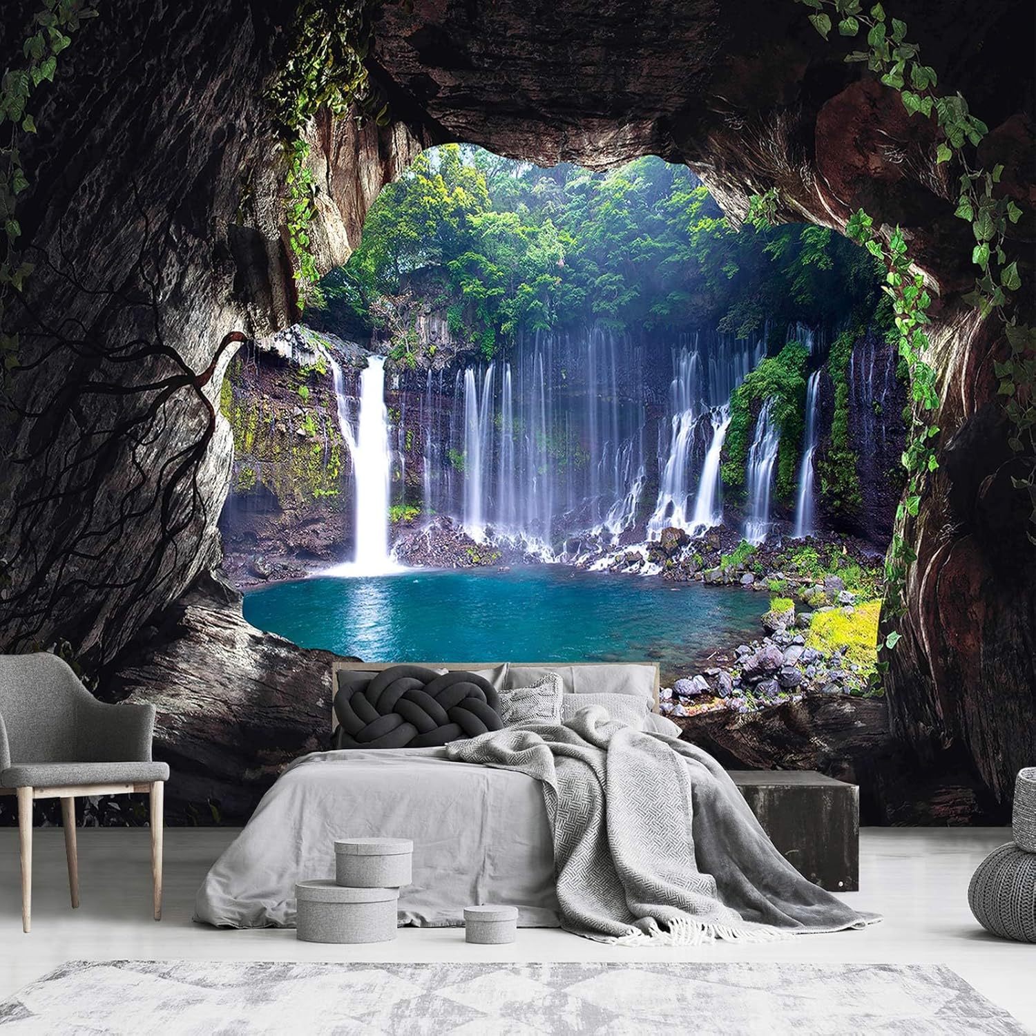 Papel tapiz de paisaje natural 3D Cave Waterfall para dormitorio (no despegar y pegar)