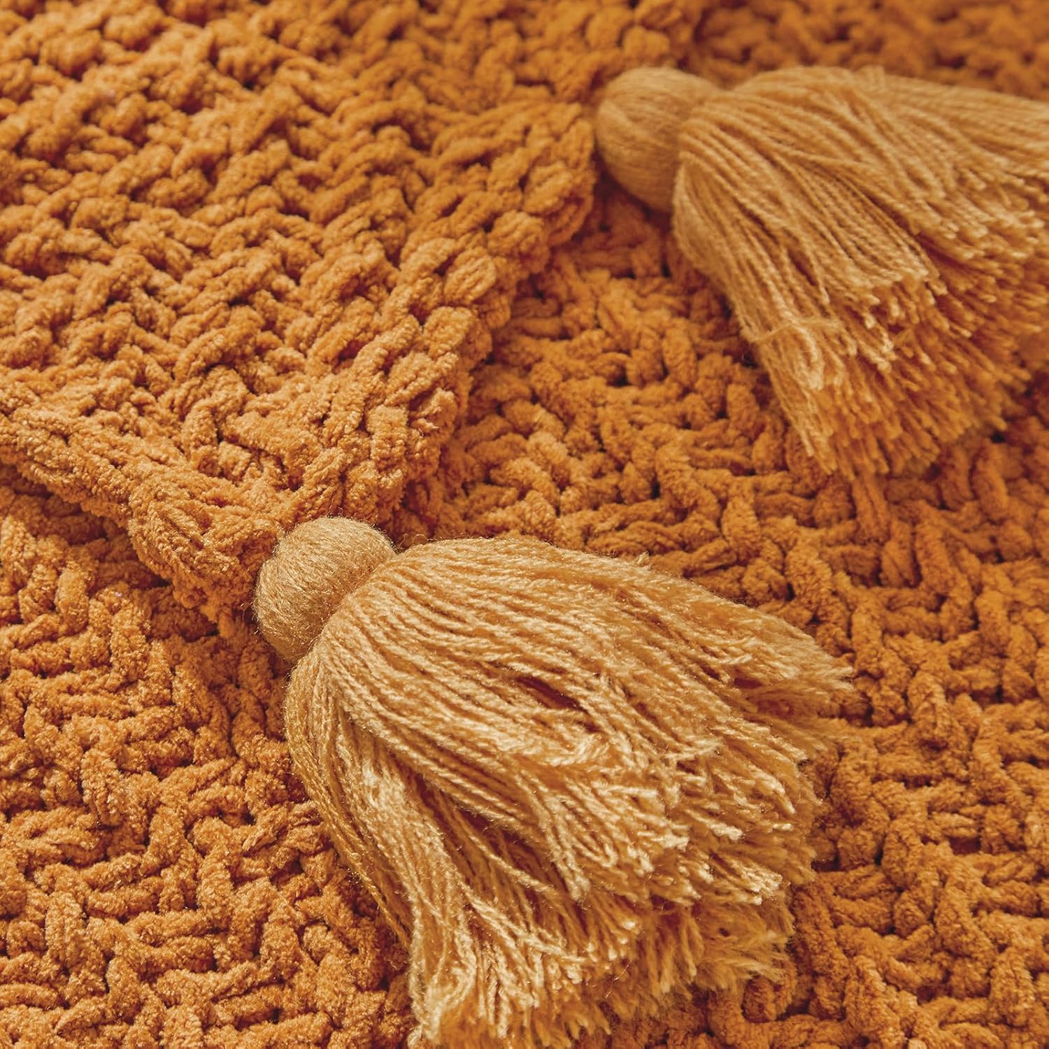 Manta de punto naranja óxido con flecos, manta de punto grueso de felpilla suave y ligera para sofá, cama, exteriores y viajes, 51 x 63 pulgadas,
