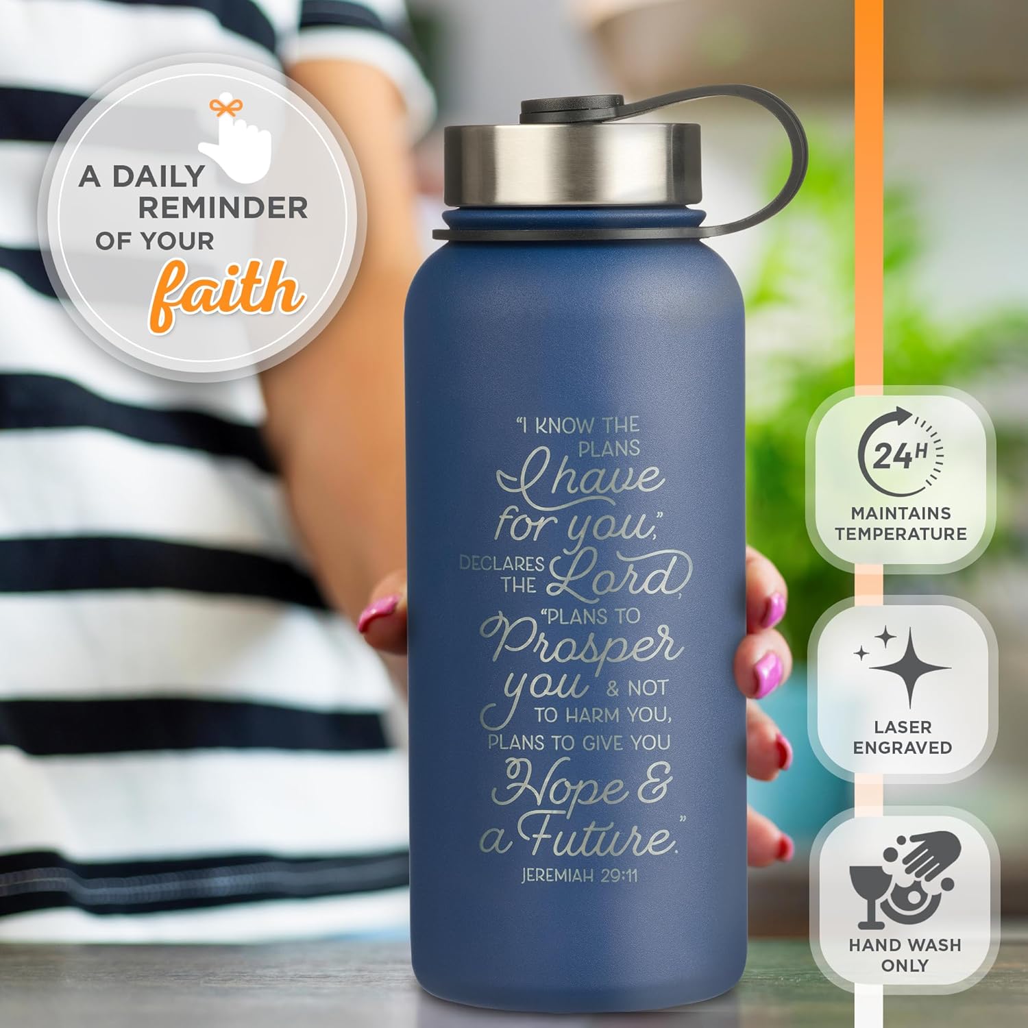 Christian Art Gifts Botella de agua grande de acero inoxidable de doble pared sellada al vacío para mujeres, hombres y graduados I Know the Plans –