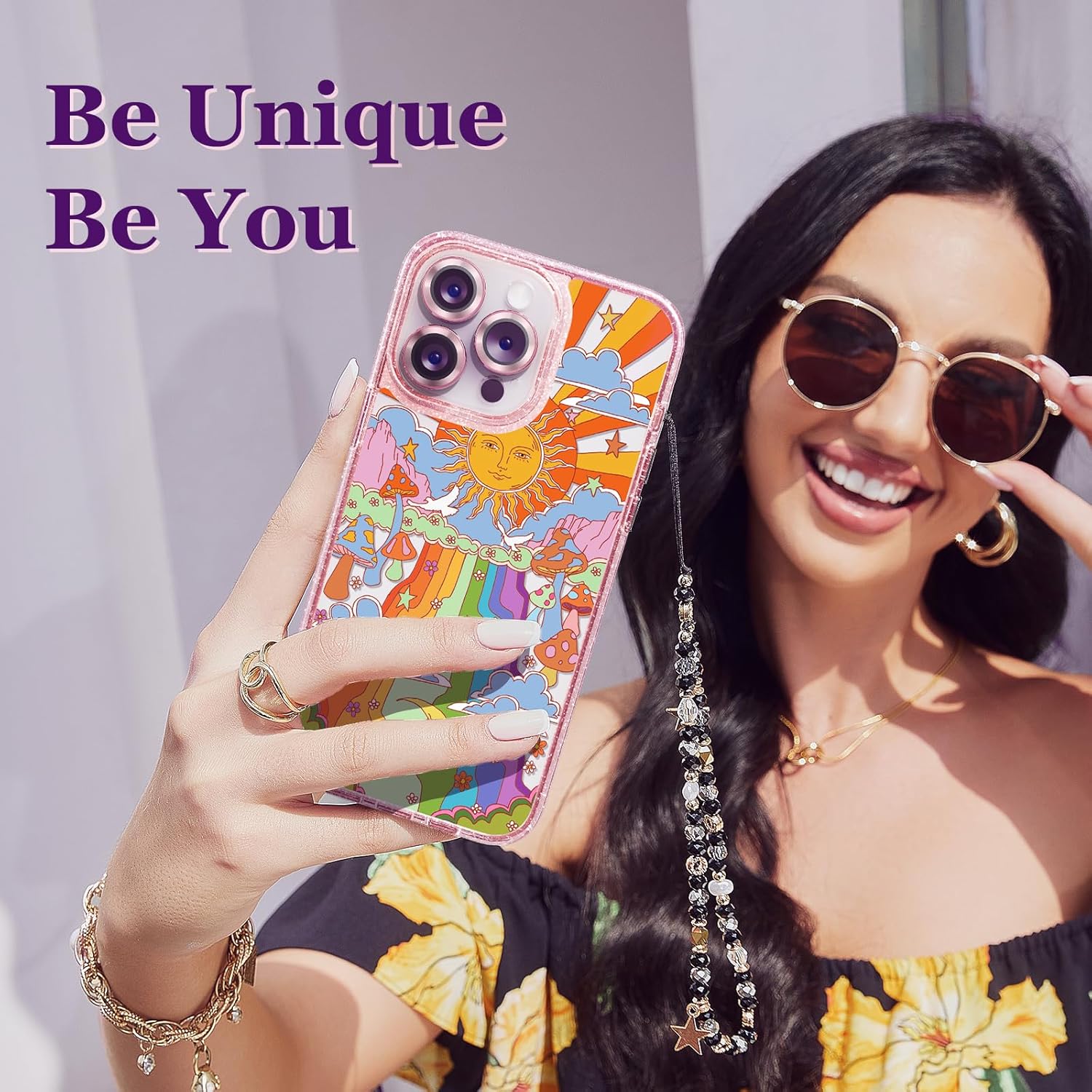 Funda compatible con iPhone 15 Pro Max, bonita estética, funda de teléfono rosa con purpurina y protector de cámara, funda estampada con patrón de