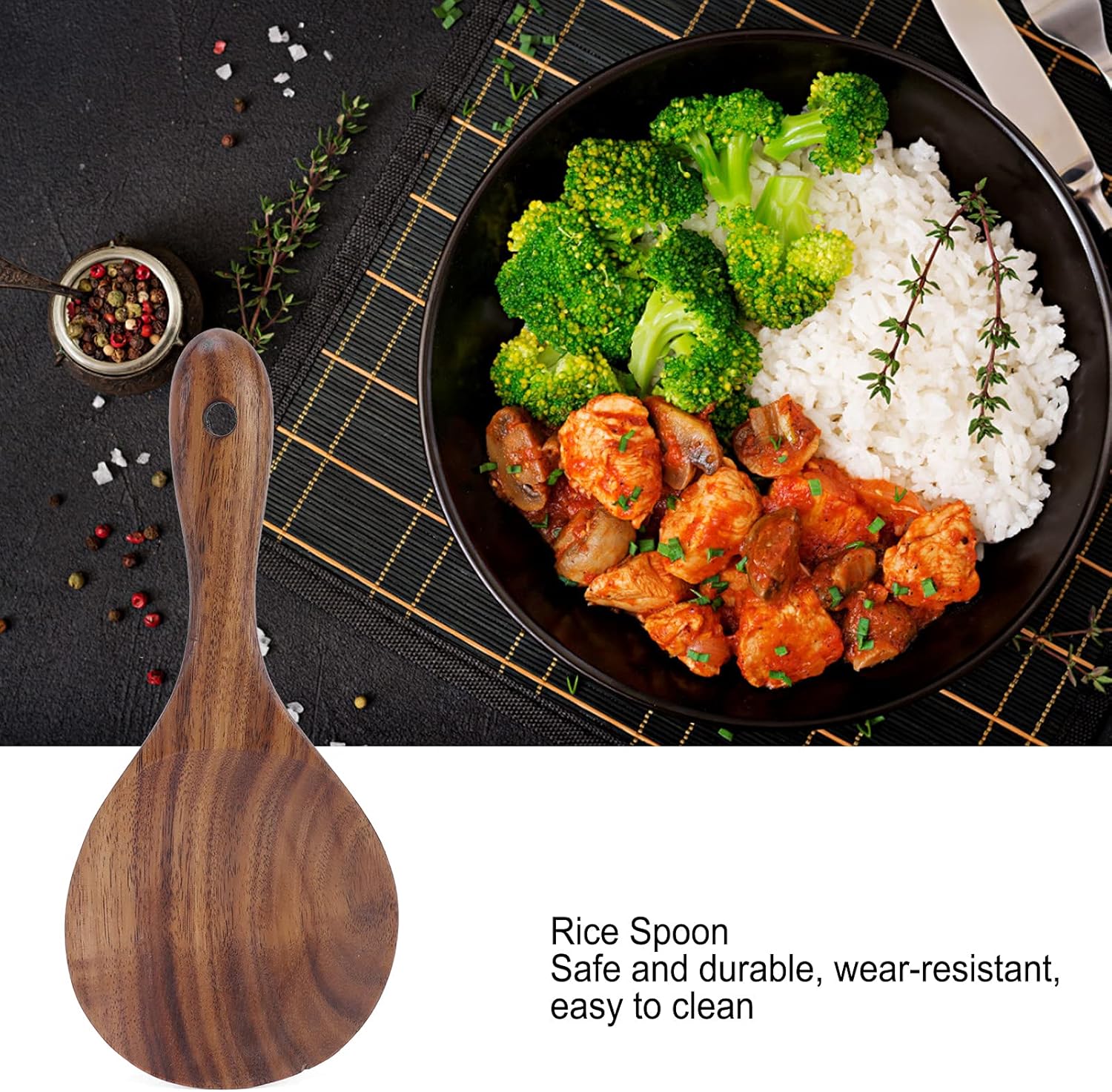 Paleta de arroz, cuchara de paleta de arroz de madera antiadherente con cabeza redonda poco profunda cuchara de madera para servir cuchara de arroz,