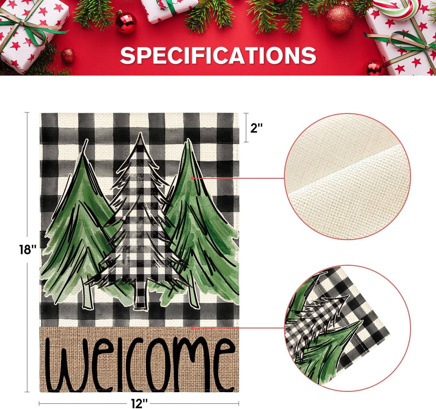 AVOIN colorlife Bandera de jardín para árbol de Navidad a cuadros de búfalo de 12 x 18 pulgadas, doble cara exterior, bandera decorativa para