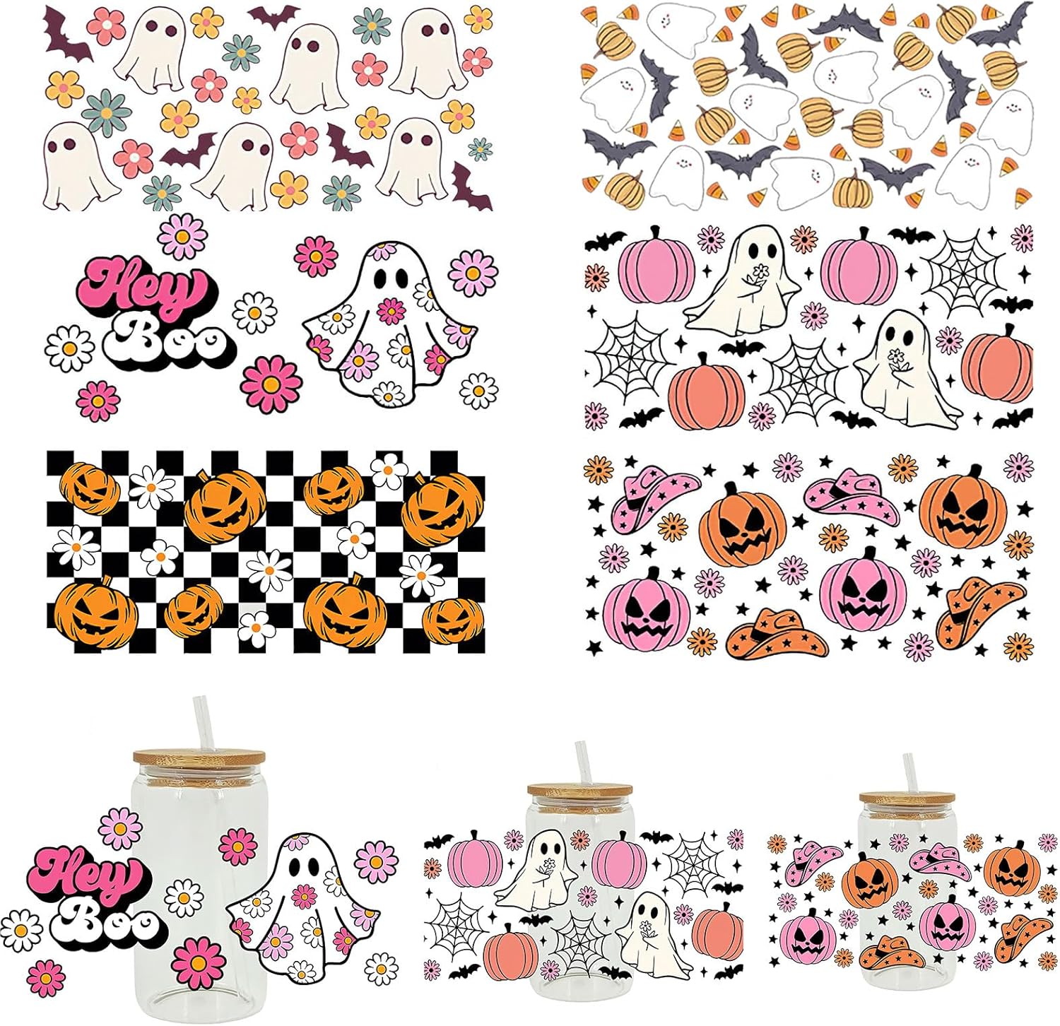 AUOCATTAIL Halloween UV DTF Cup Wrap Calabaza Fantasma Cara Araña Tela De Vidrio Envoltura De Taza De Transferencia Adhesivo 6 Hojas