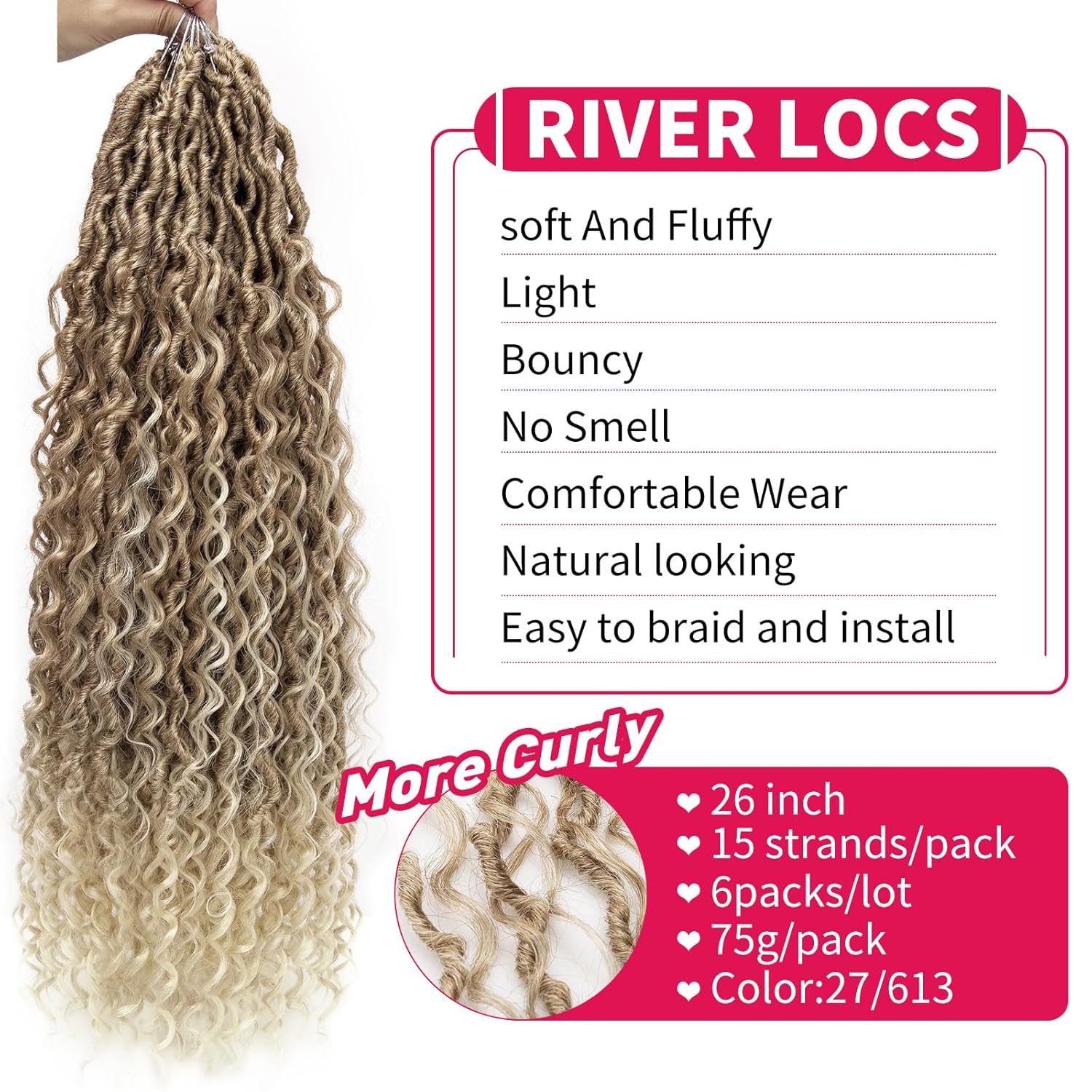 Goddess Locs – Cabello de ganchillo de 26 pulgadas, rizado sintético, 6 paquetes de rastas de río previamente enrolladas, trenzas de ganchillo