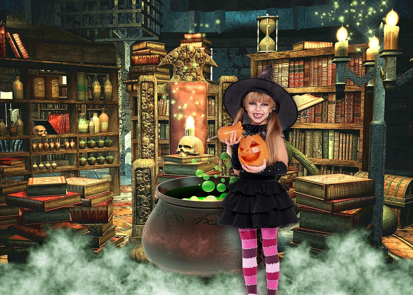 Fondo de fotografía de Halloween, bruja, caldero mágico, estantería en habitación espeluznante, decoración de fiesta, fondo de retrato de vinilo,