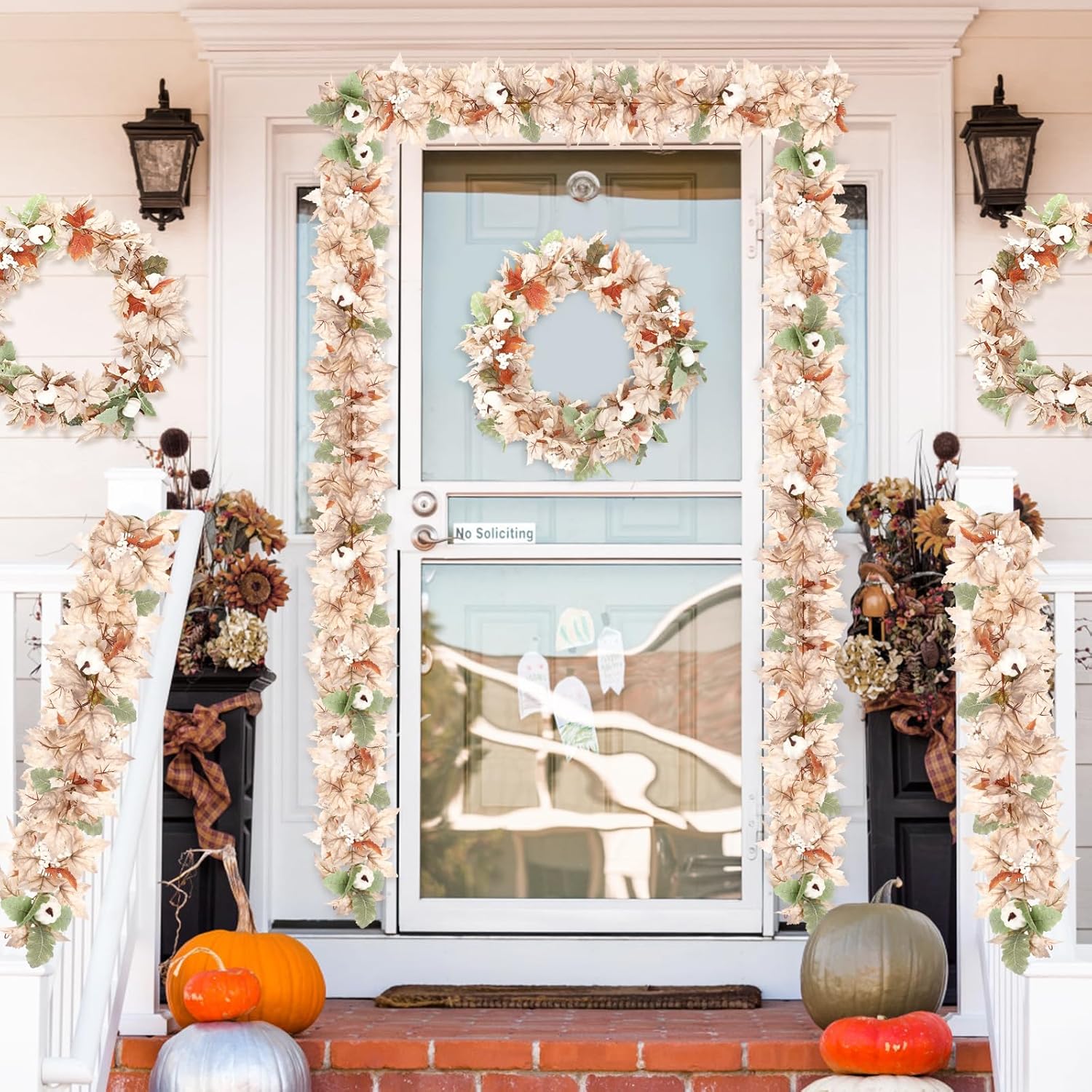 2 guirnaldas de hojas de arce de otoño de 5.9 pies, guirnalda de bayas de calabaza blanca, enredaderas colgantes, cosecha de otoño, decoración de